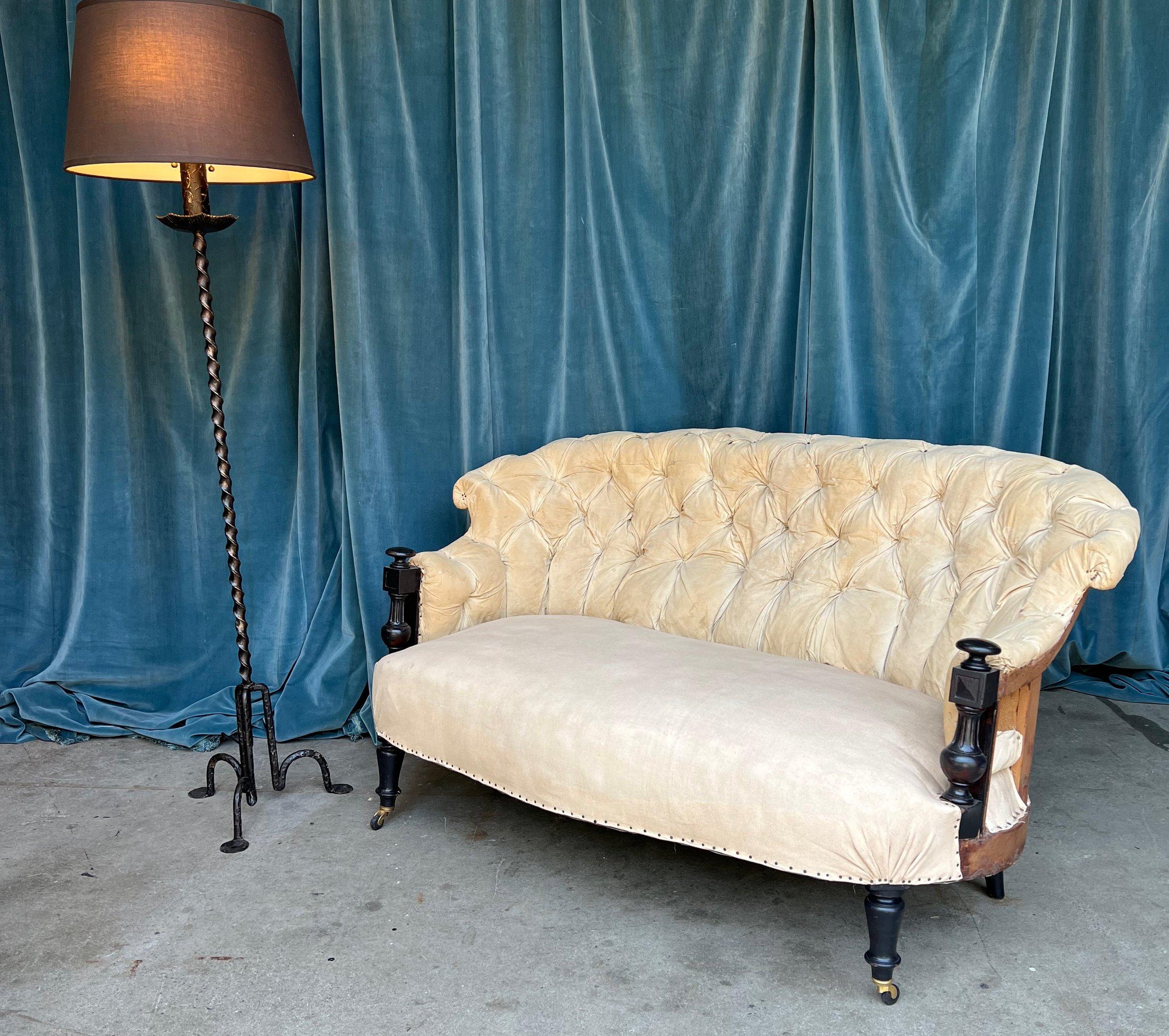 Upholstery French Napoleon III Settee with Ebonized Arms For Sale