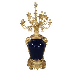 French Napoleon III Sevres Style Porcelain Ormolu Ram Candelabra Urn Stepniewski