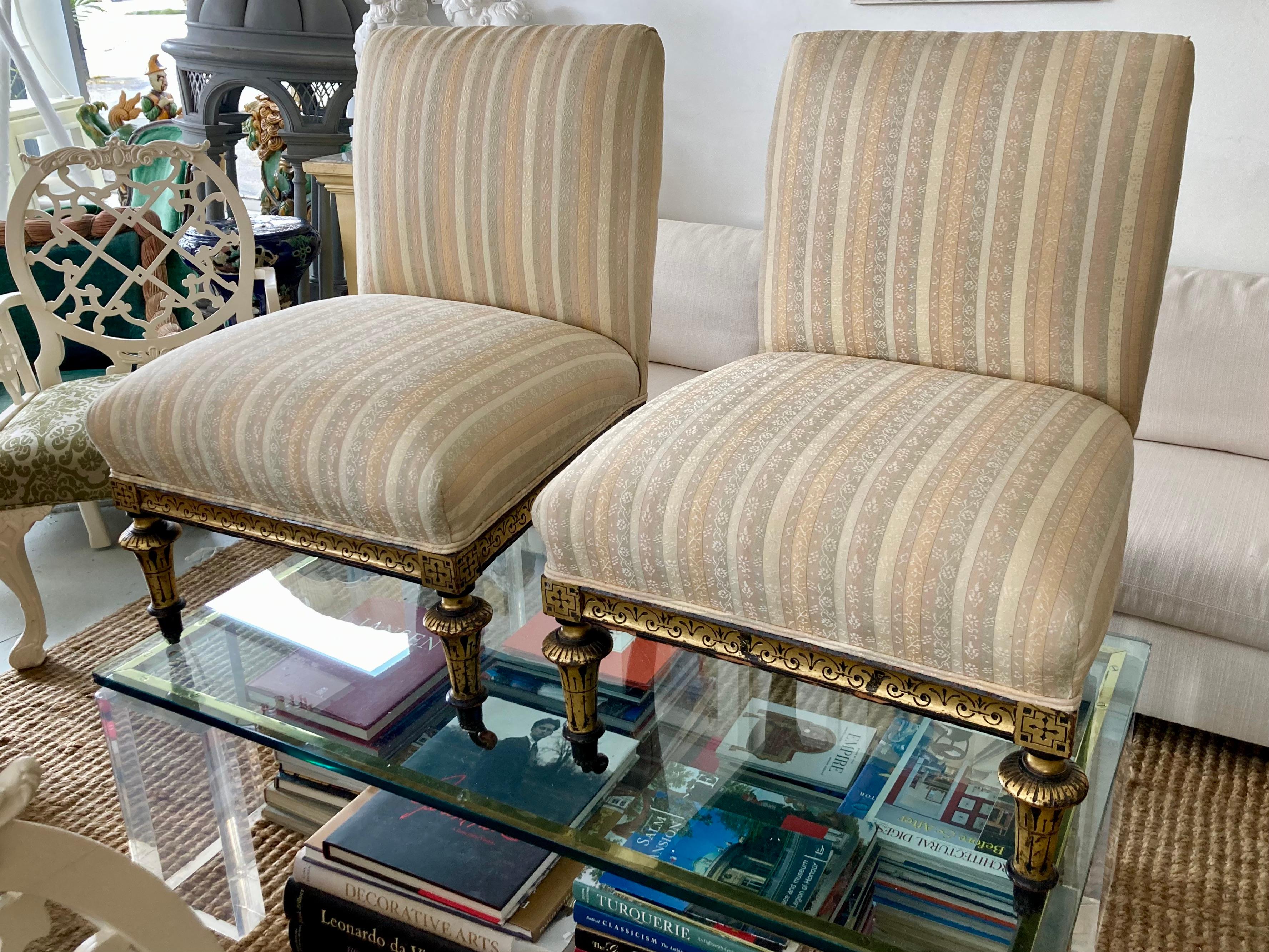 French Napoleon III Slipper Chairs Gilt Ebony Details, a Pair For Sale 1