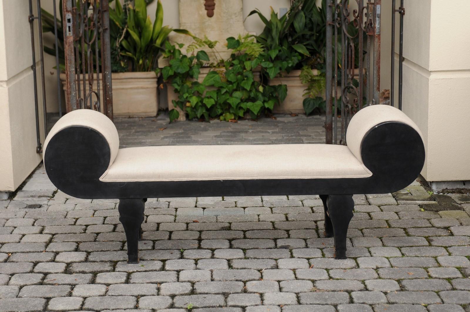 French Napoleon III Style 1900s Ebonized Wood Upholstered Bench with Gilt Motifs 6