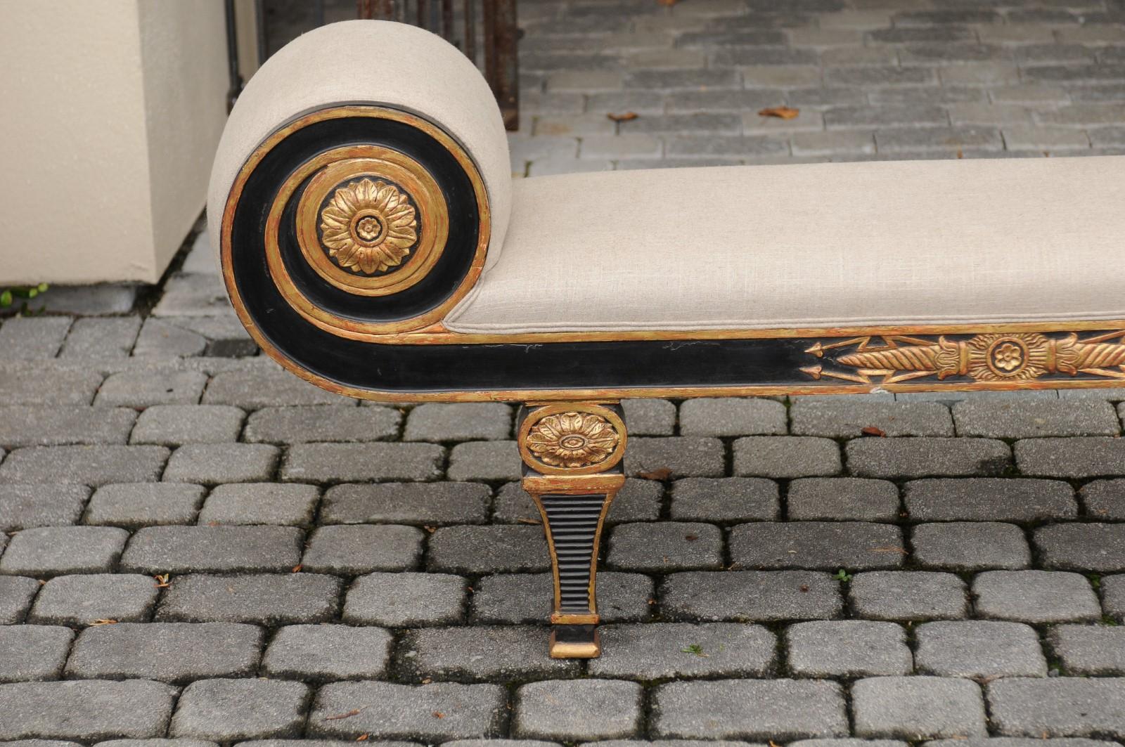 20th Century French Napoleon III Style 1900s Ebonized Wood Upholstered Bench with Gilt Motifs