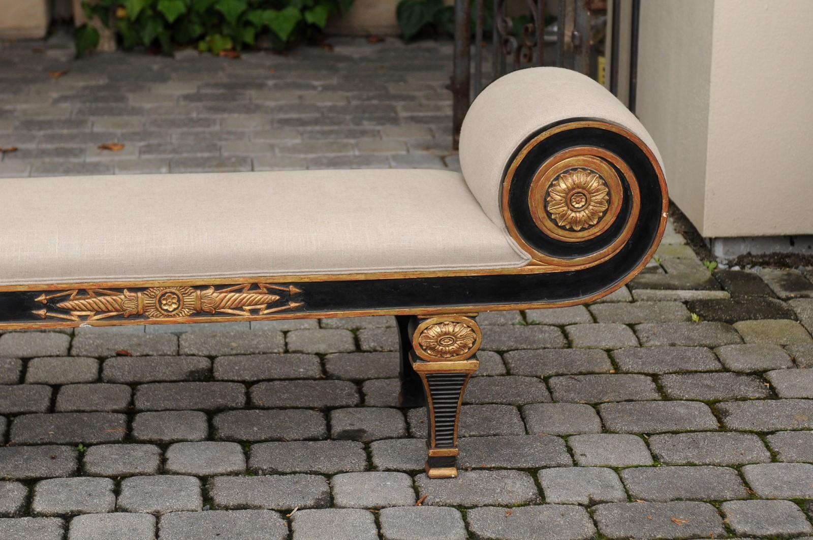 French Napoleon III Style 1900s Ebonized Wood Upholstered Bench with Gilt Motifs 1