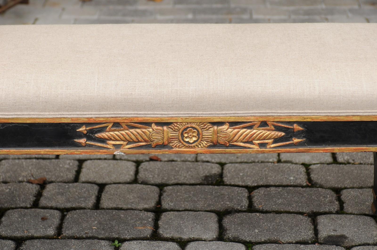 French Napoleon III Style 1900s Ebonized Wood Upholstered Bench with Gilt Motifs 2