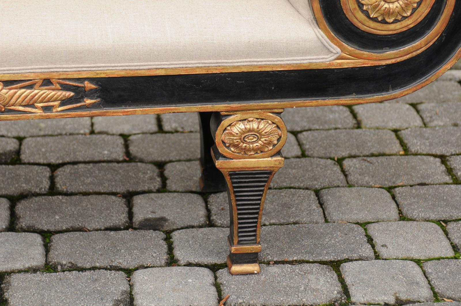 French Napoleon III Style 1900s Ebonized Wood Upholstered Bench with Gilt Motifs 3
