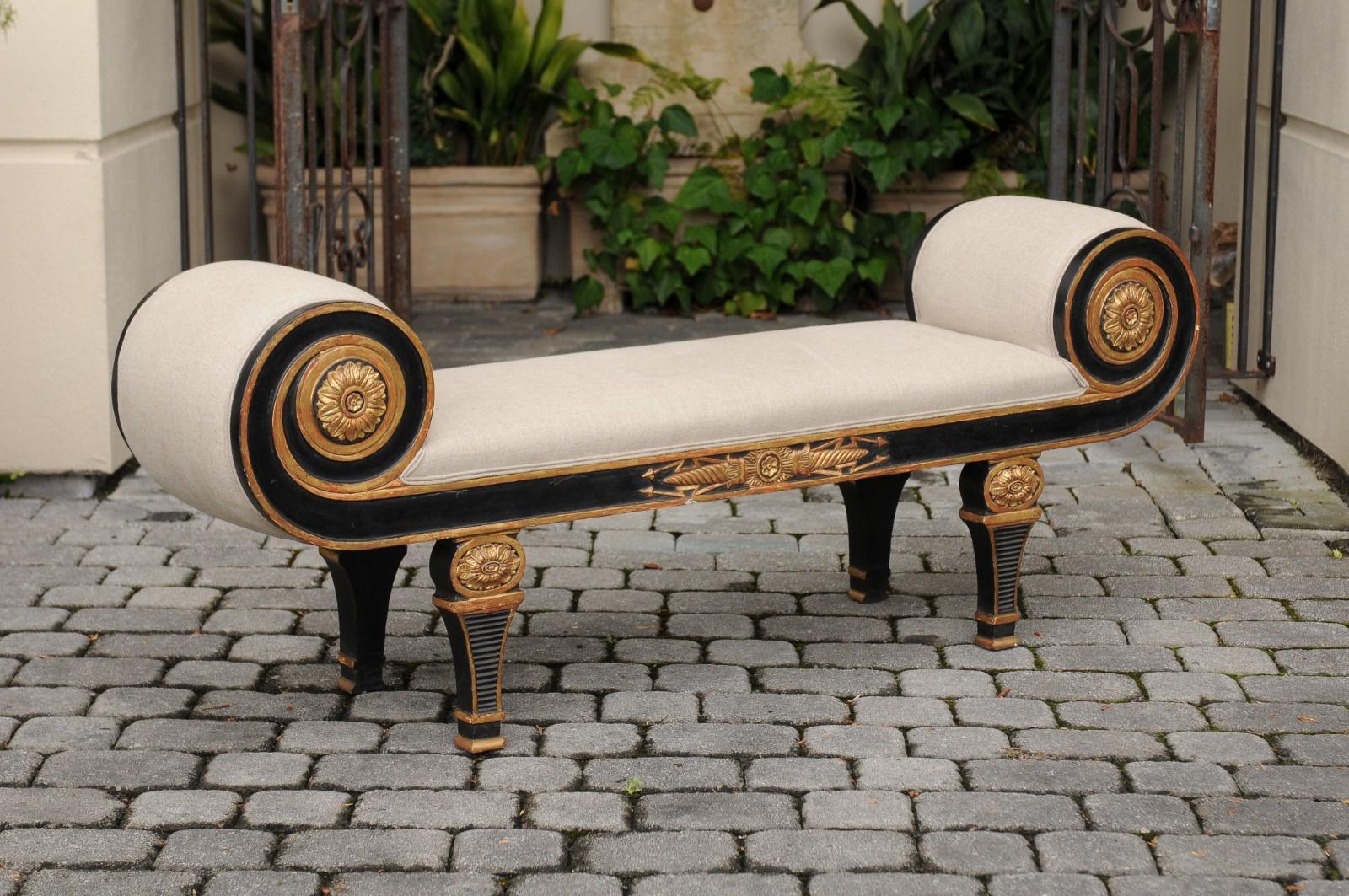 French Napoleon III Style 1900s Ebonized Wood Upholstered Bench with Gilt Motifs 4