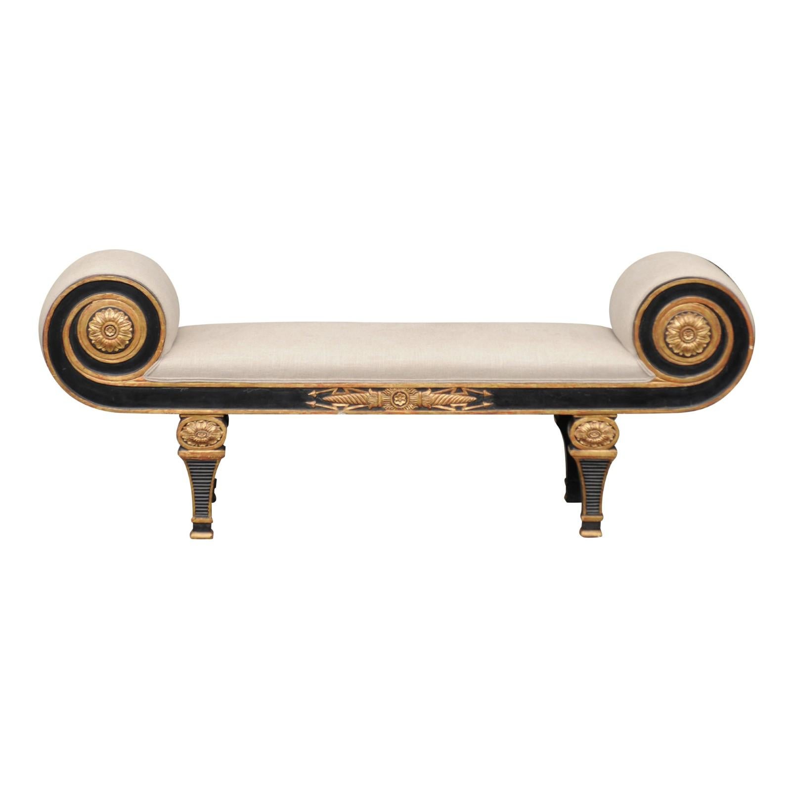 French Napoleon III Style 1900s Ebonized Wood Upholstered Bench with Gilt Motifs