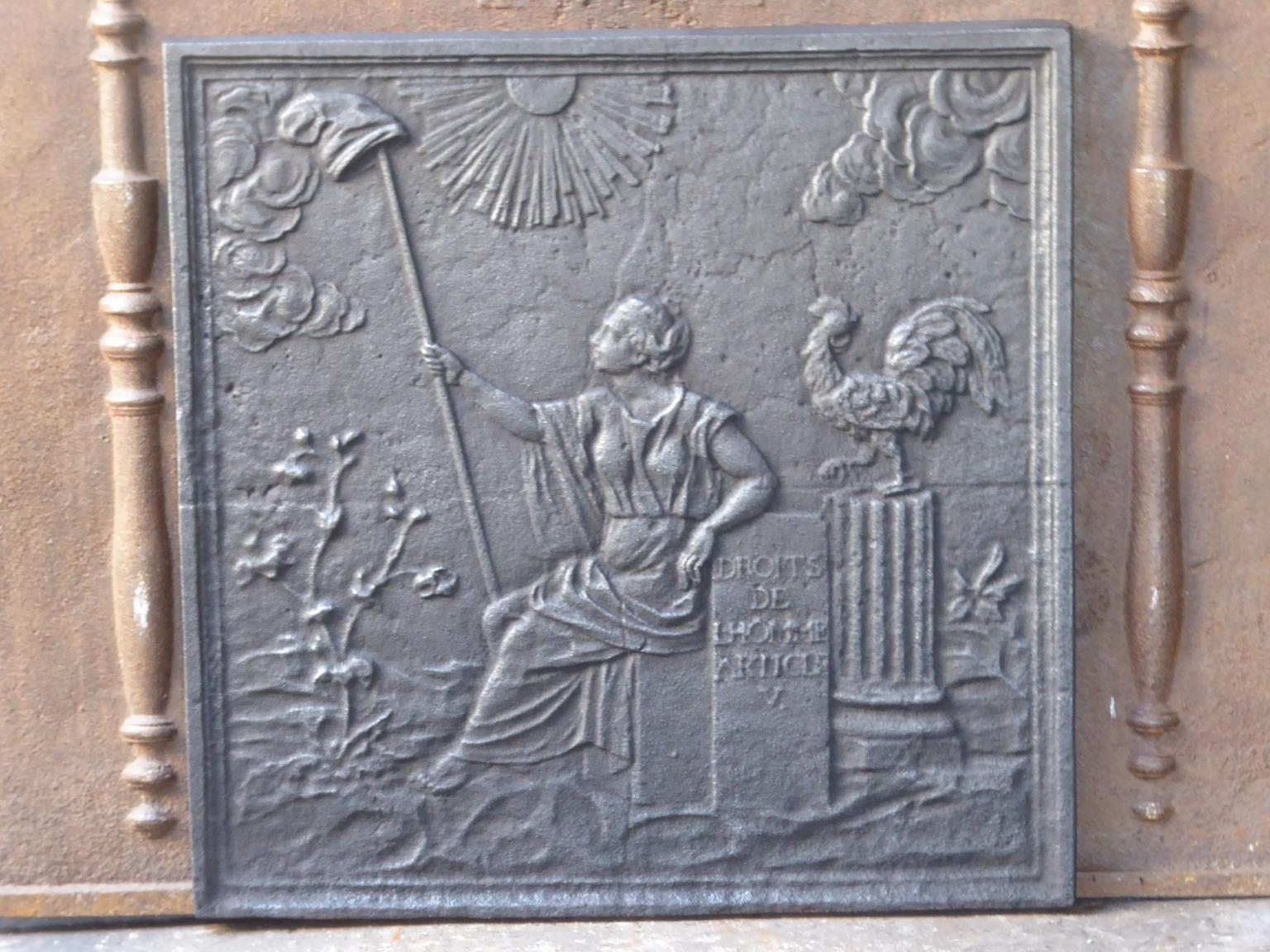 20th century French Napoleon III style fireback with an allegory of France.

The fireback is made of cast iron and has a black / pewter patina. It is in a good condition and does not have cracks.