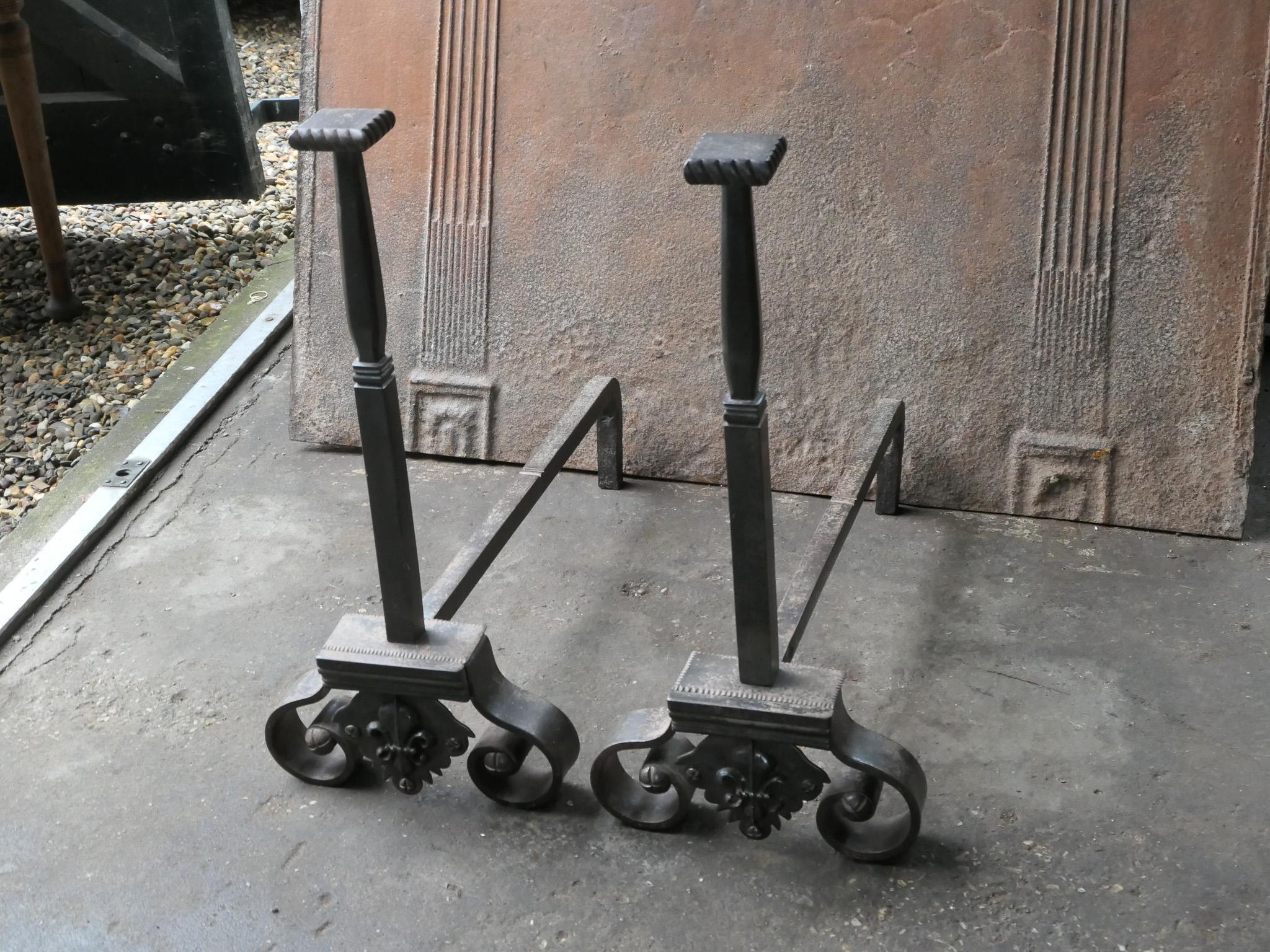 Wrought Iron French Napoleon III Style Andirons or Firedogs For Sale