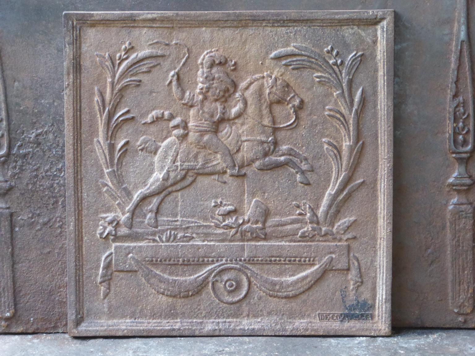 20th century French Napoleon III style fireback. Apollo, god of light, sun, truth, prophecy, music, joy and horses. Also the saving God, both in emergency caused by an epidemic or an invasion of enemies, as in any other emergency.

The fireback is