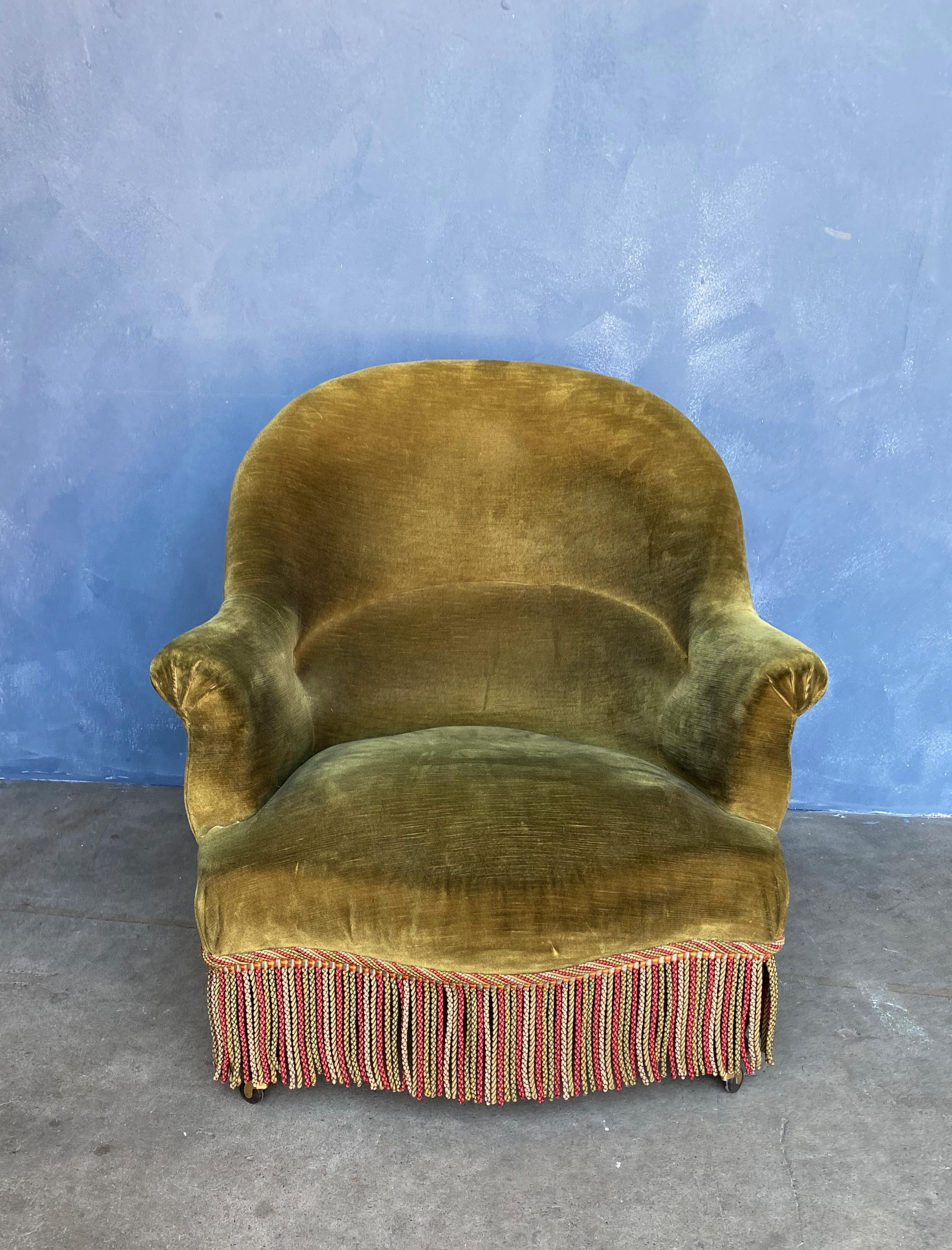 Early 20th Century French Napoleon III Style Armchair in Green Gold Velvet