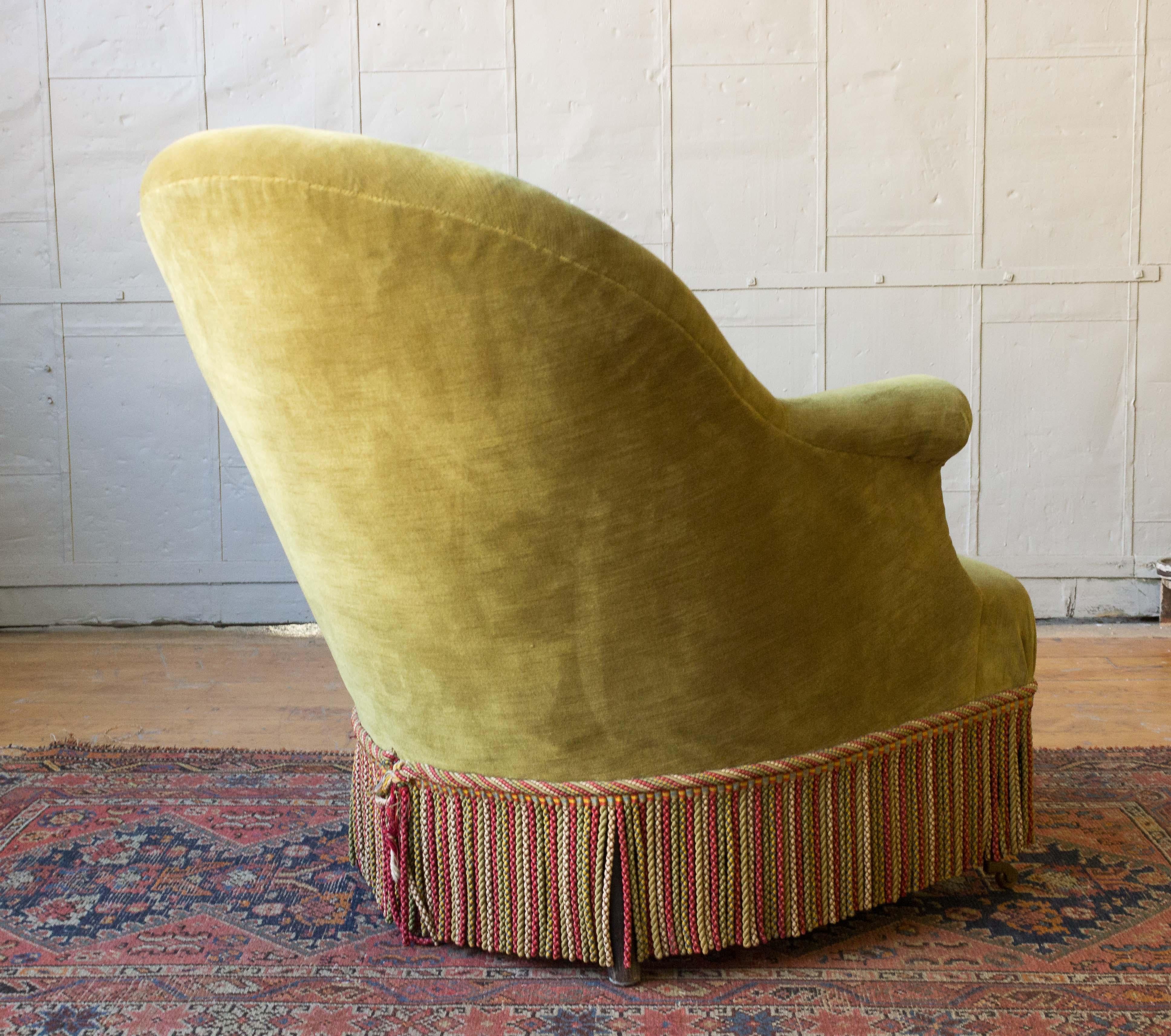 Early 20th Century French Napoleon III Style Armchair in Green Gold Velvet