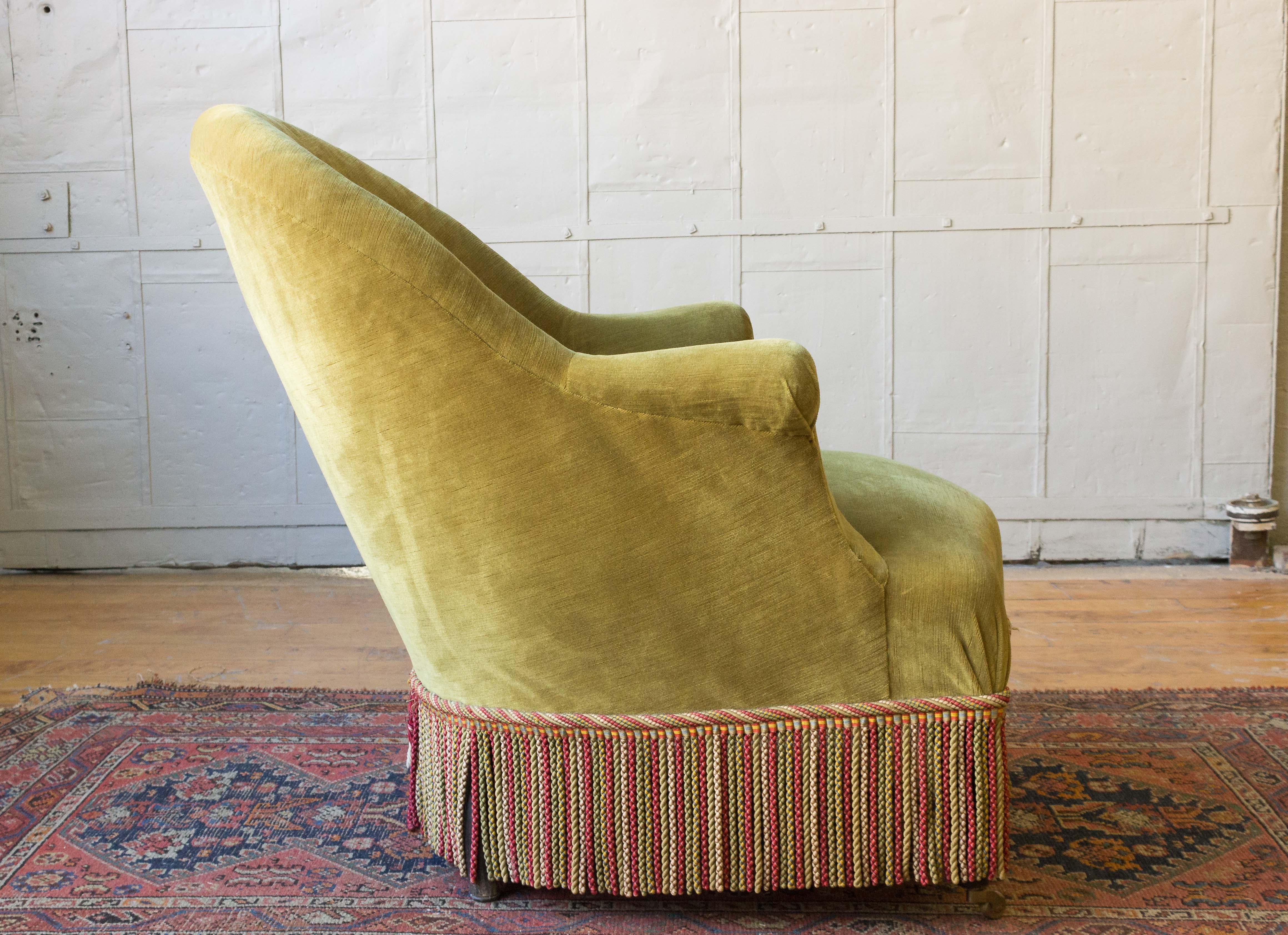 Fabric French Napoleon III Style Armchair in Green Gold Velvet