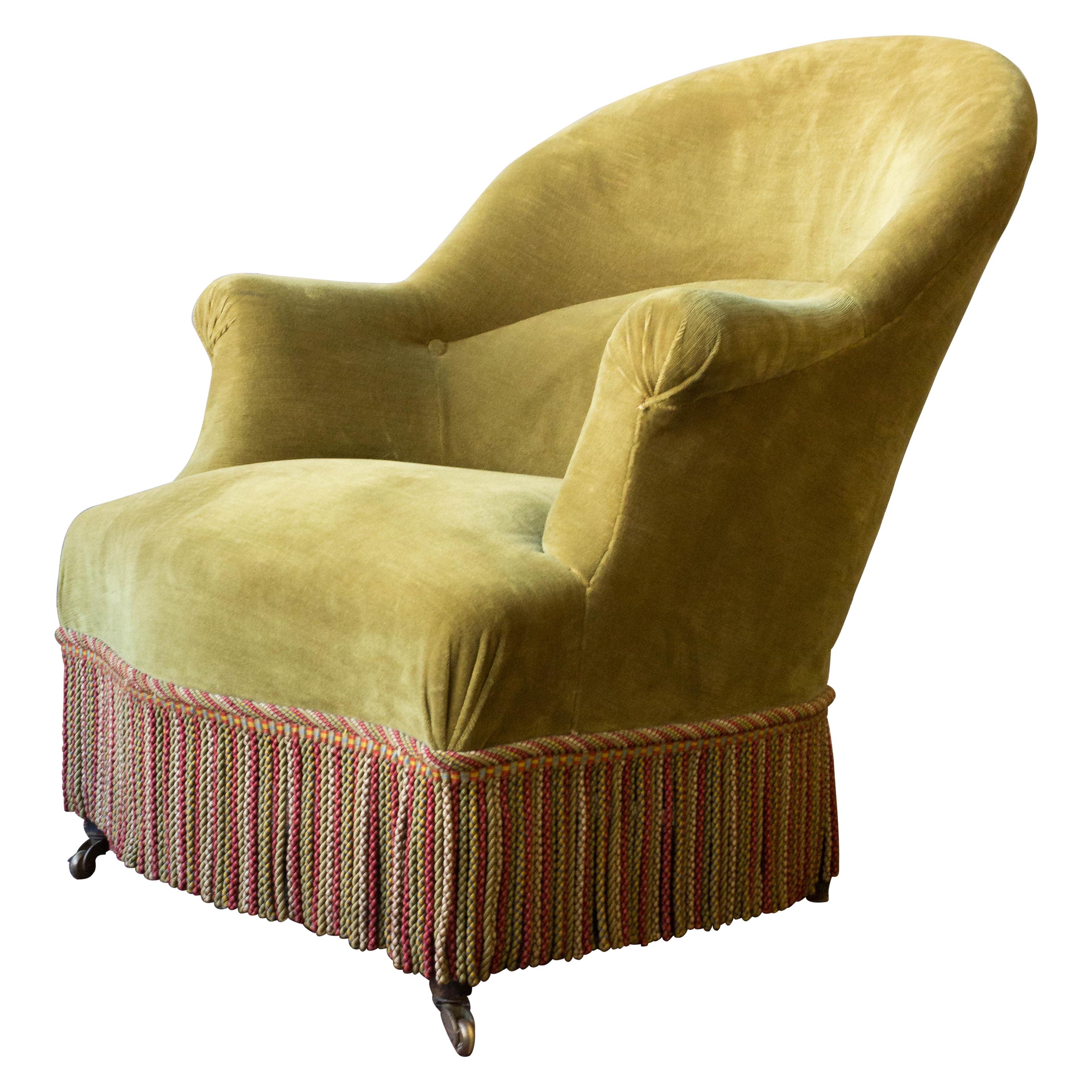 French Napoleon III Style Armchair in Green Gold Velvet