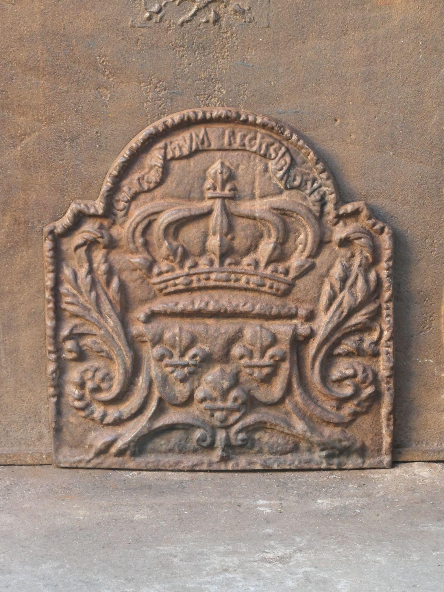 Armi di Francia in stile Napoleone III del XX secolo. La corona simboleggia la regalità. 

Lo schienale del caminetto è in ghisa e presenta una patina marrone. Su richiesta, può essere realizzato in nero/bianco senza alcun costo aggiuntivo. È in