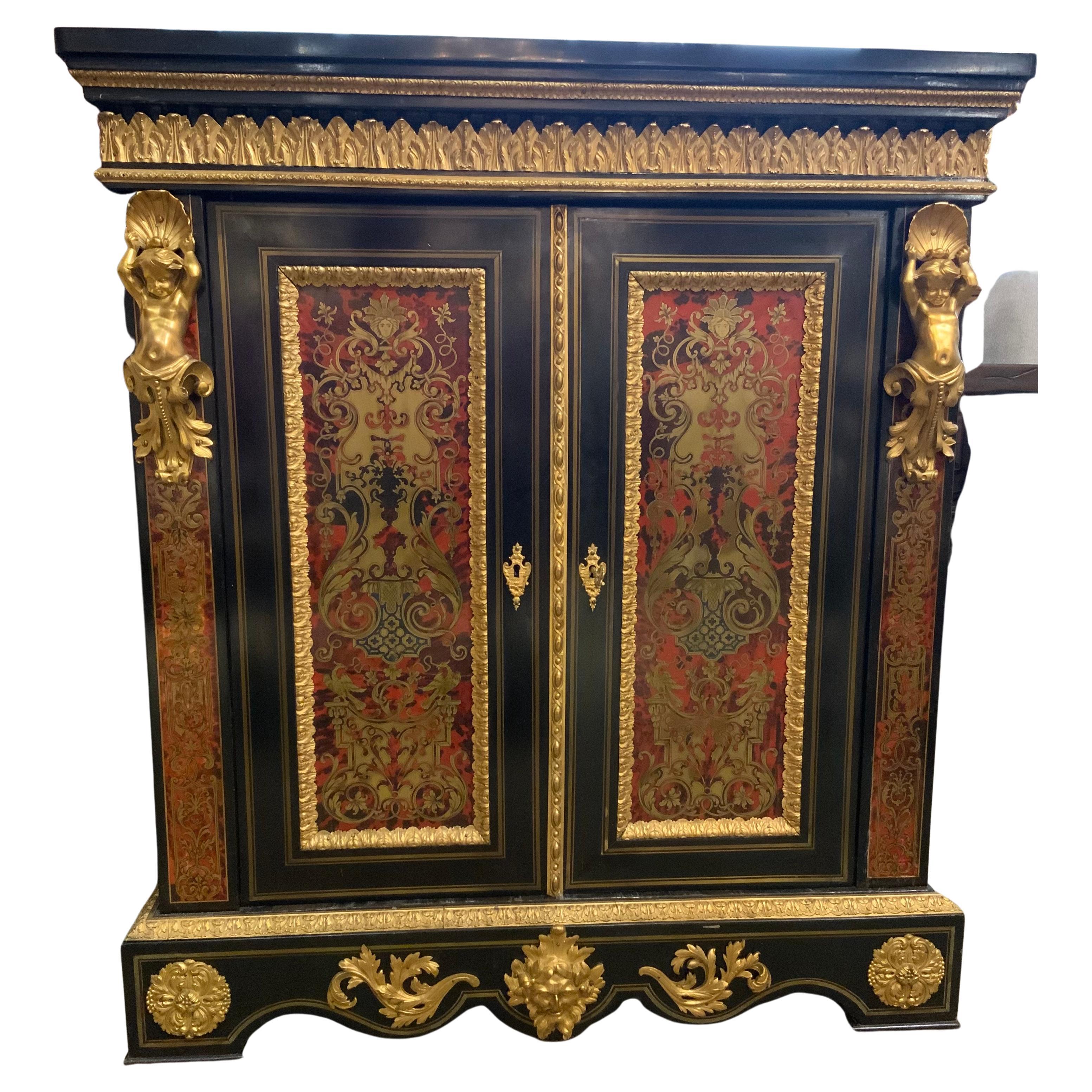 Meuble de rangement français de style Napoléon III en boulle avec marqueterie, circa 1890