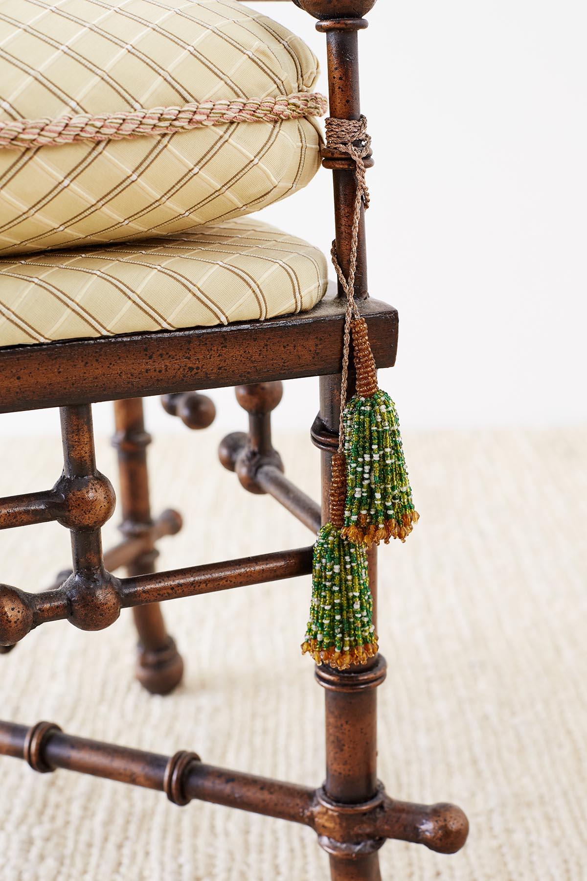 French Napoleon III Style Faux Bamboo Corner Chairs Stool In Good Condition In Rio Vista, CA