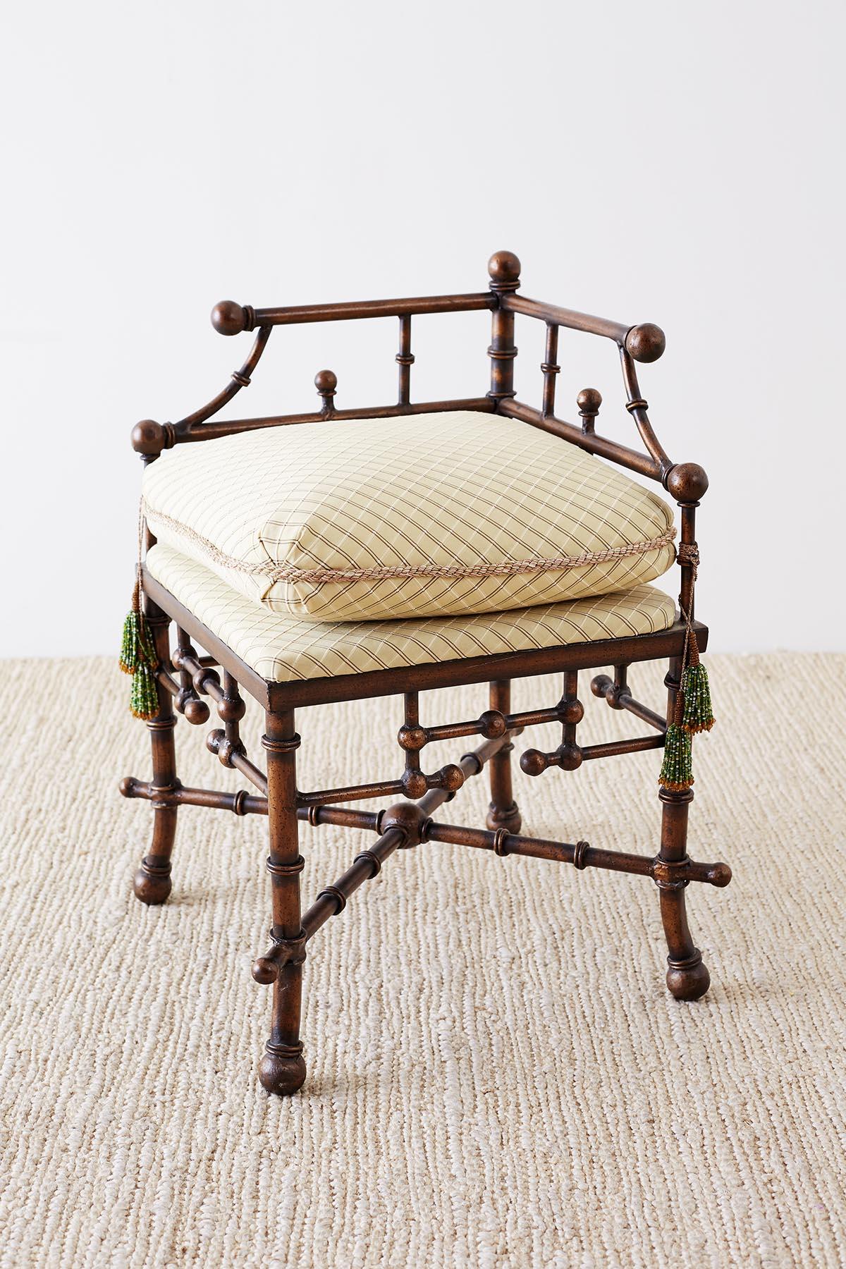 20th Century French Napoleon III Style Faux Bamboo Corner Chairs Stool