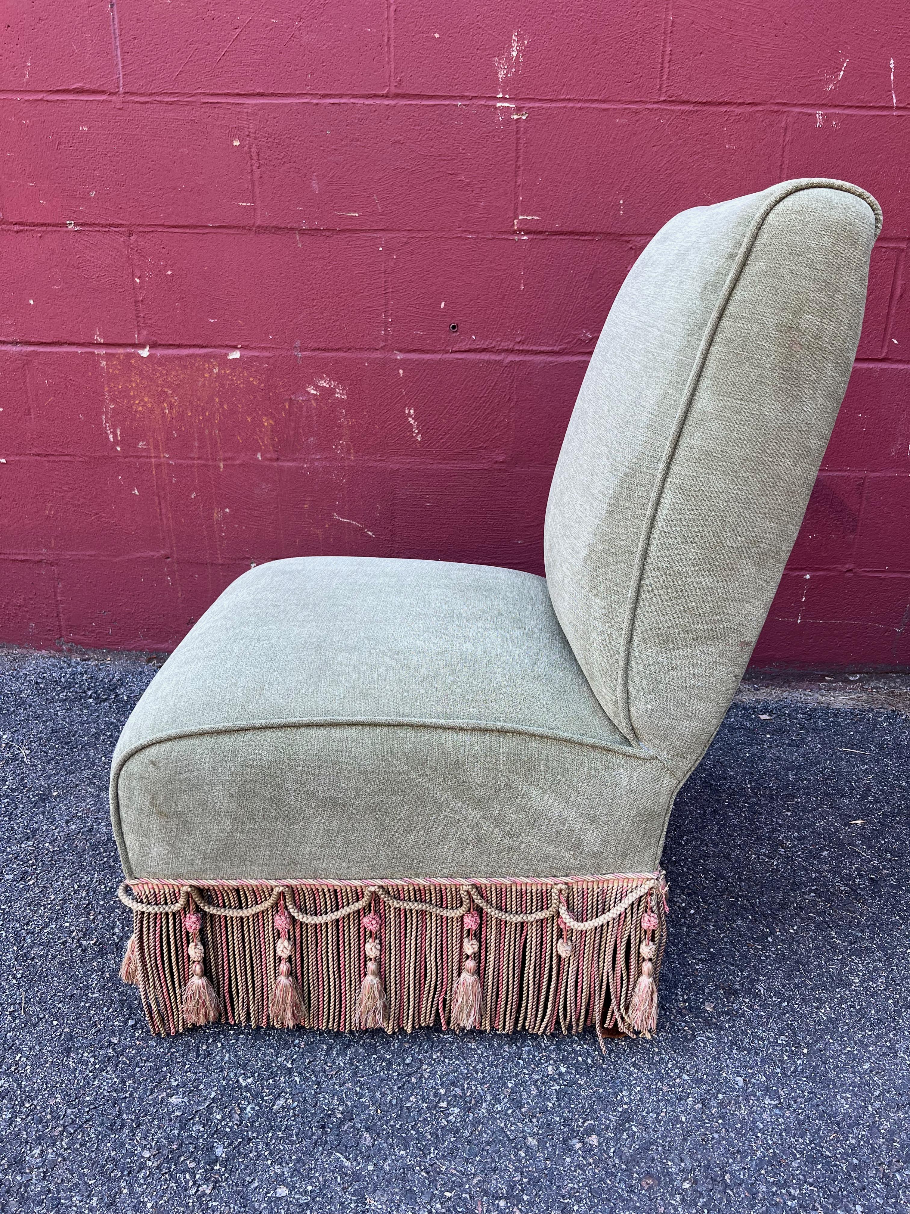 Fabric French Napoleon III Style Green Slipper Chair For Sale
