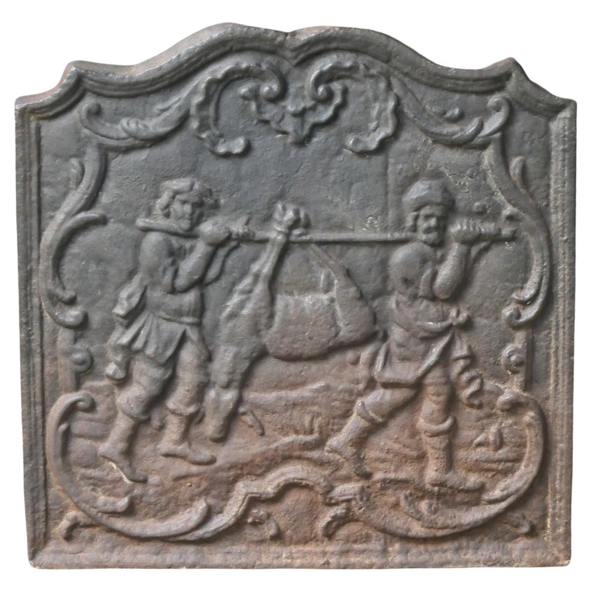 Plaque de cheminée / dosseret de style Napoléon III 'Retour de la chasse'.