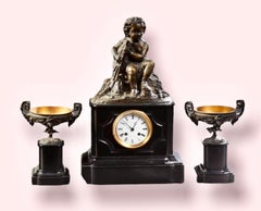 Garniture d'horloge en bronze et marbre de Napoléon III, C.I.C. 1880