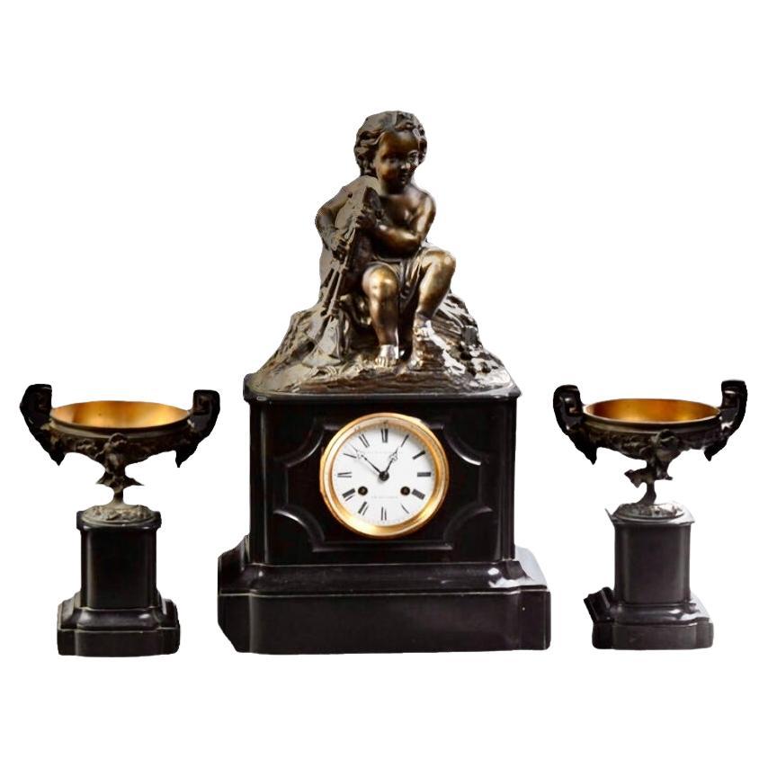 Enameled French, Napoleon III Bronze and Marble Clock Garniture, C. 1880 For Sale