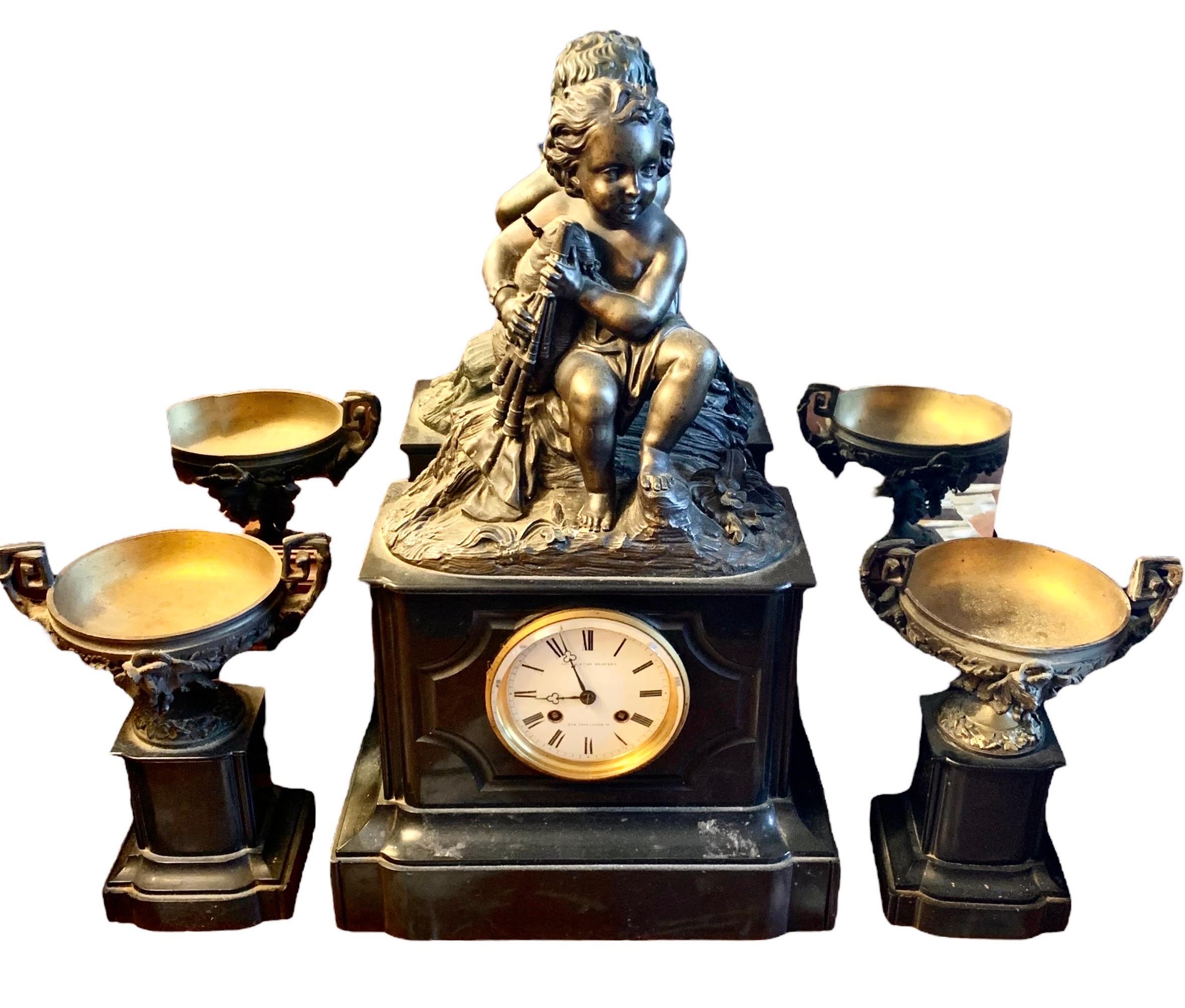 French, Napoleon III Bronze and Marble Clock Garniture, C. 1880 For Sale 2