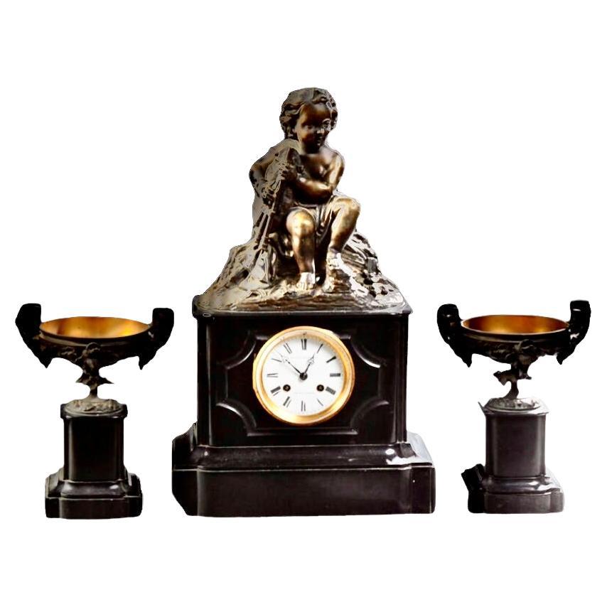 French, Napoleon III Bronze and Marble Clock Garniture, C. 1880 For Sale