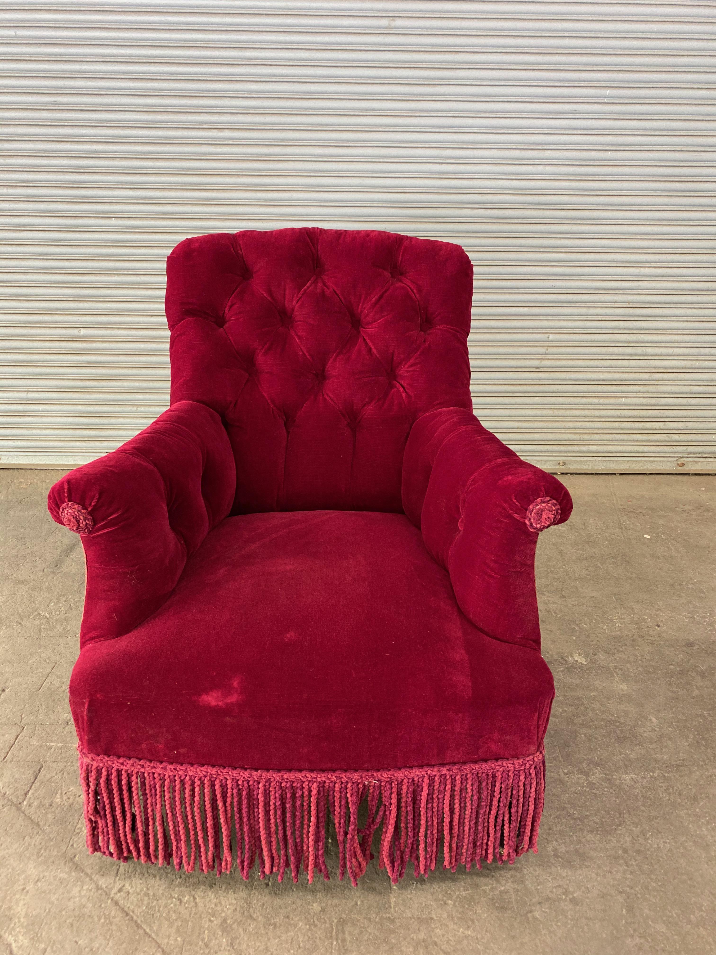 French Napoleon III Tufted Armchair in Red Velvet 5