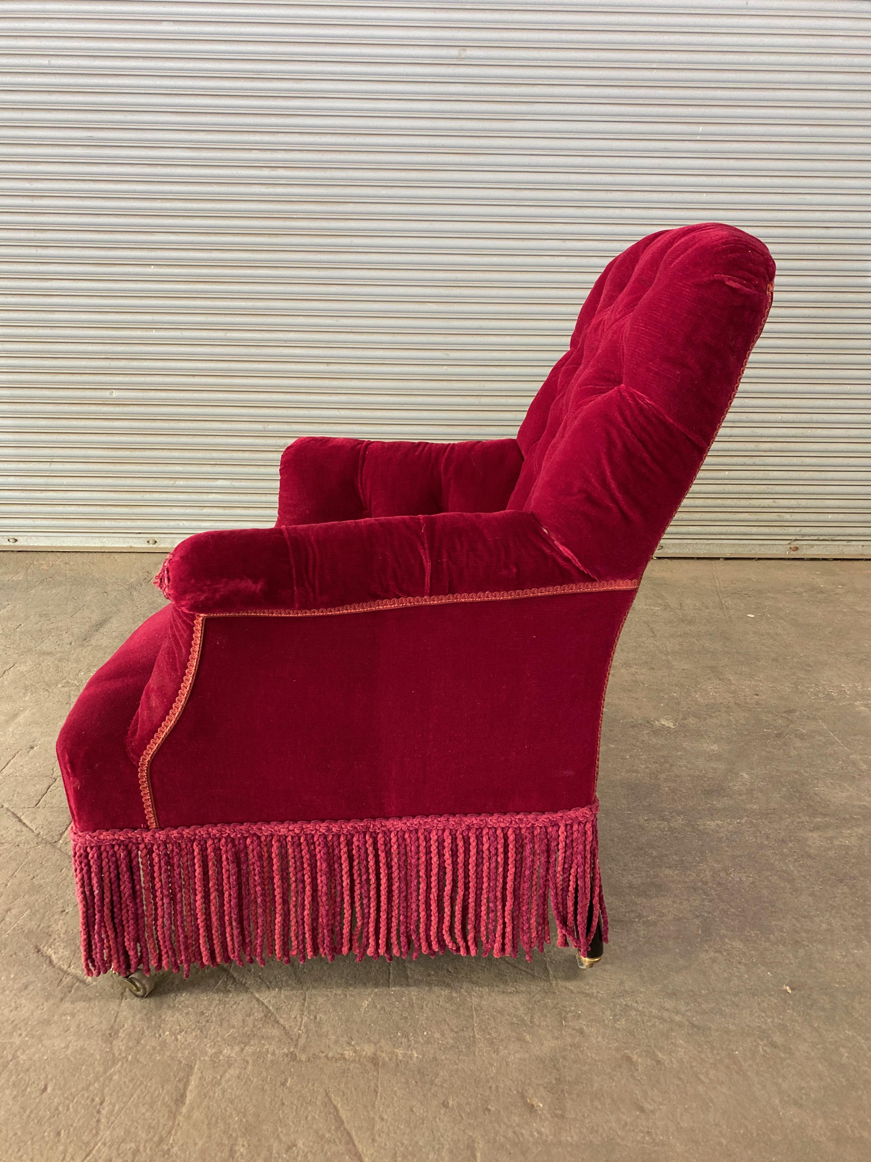 French Napoleon III Tufted Armchair in Red Velvet In Fair Condition In Buchanan, NY