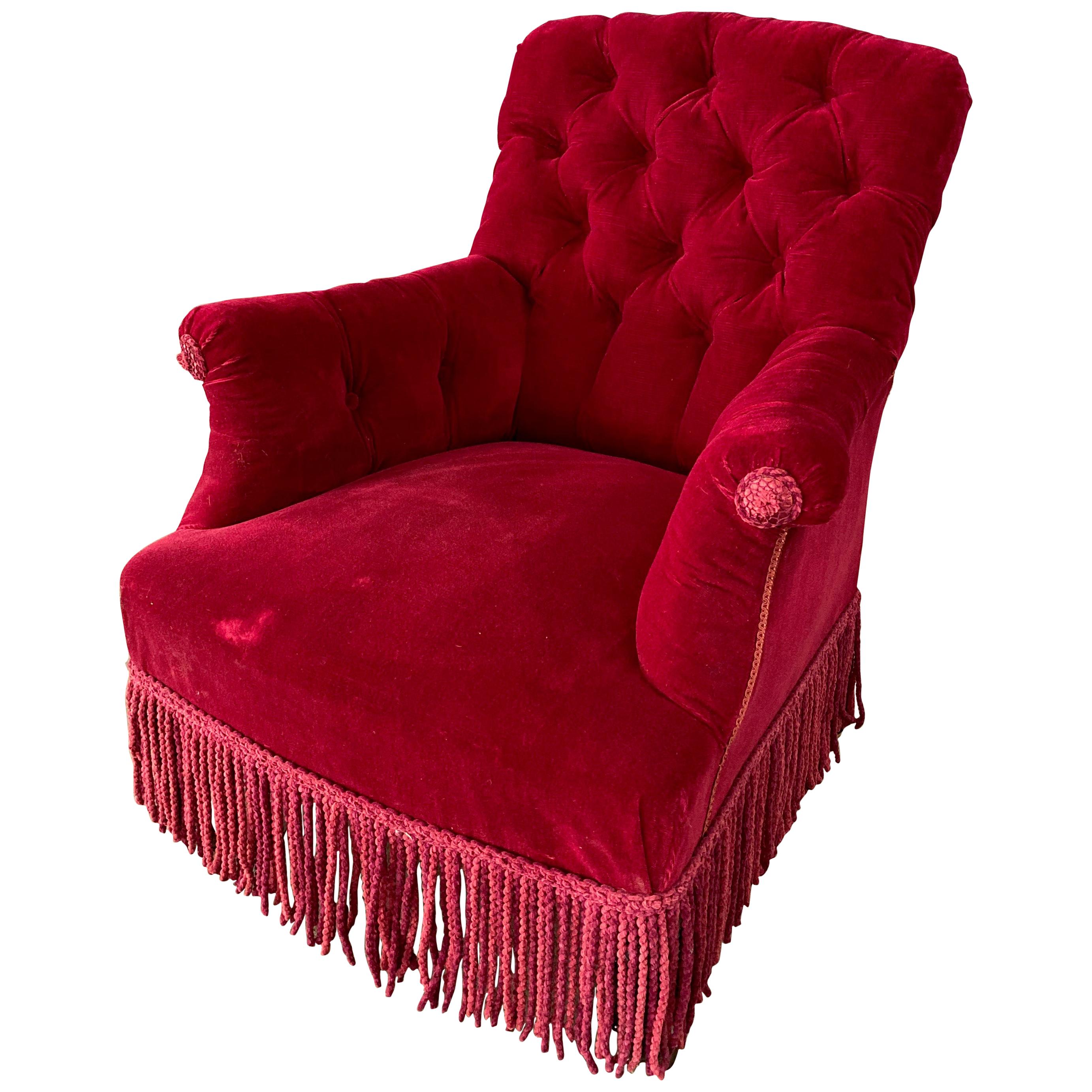 French Napoleon III Tufted Armchair in Red Velvet