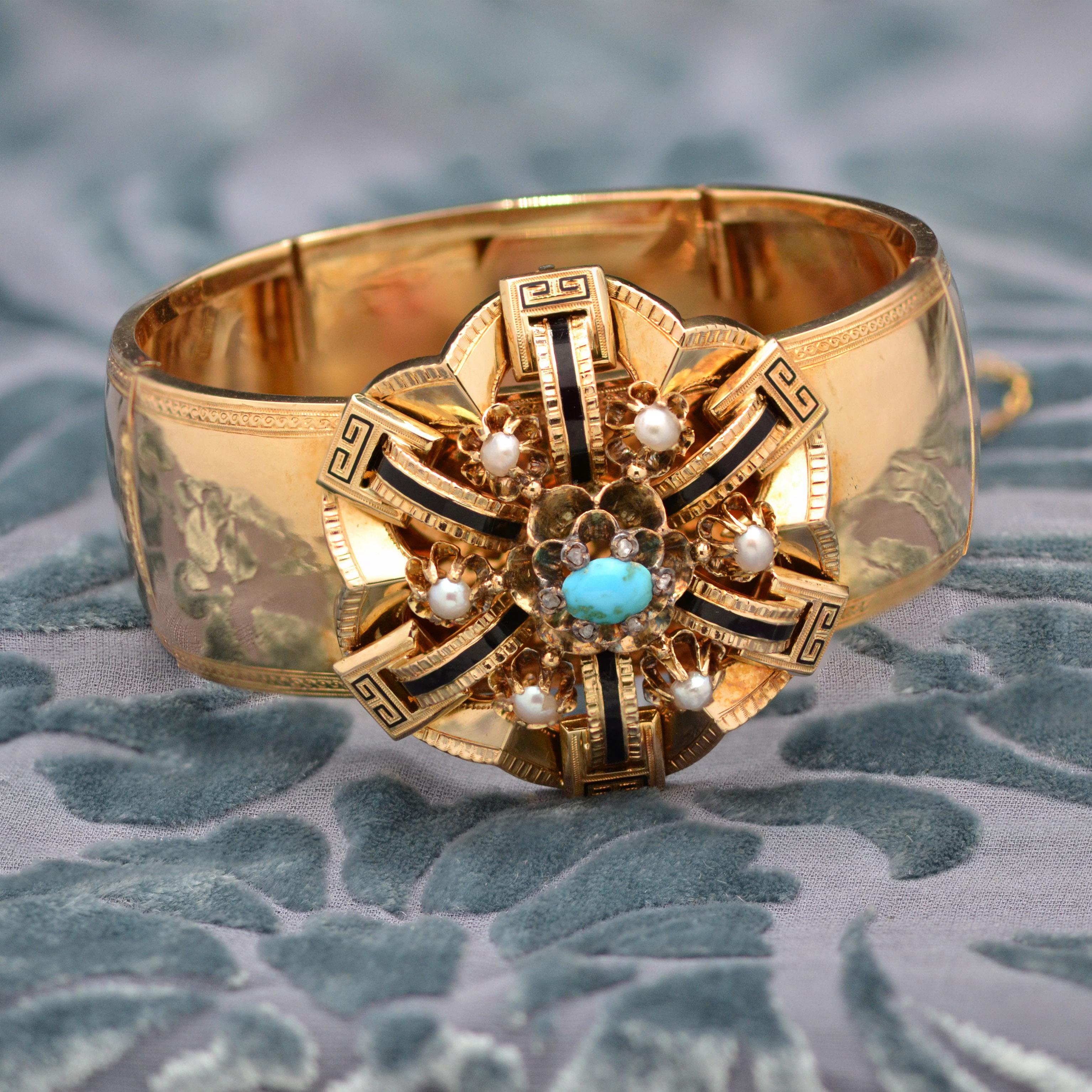 Bracelet en or rose 18K Napoléon III Turquoise Émail noir Perles fines en vente 5