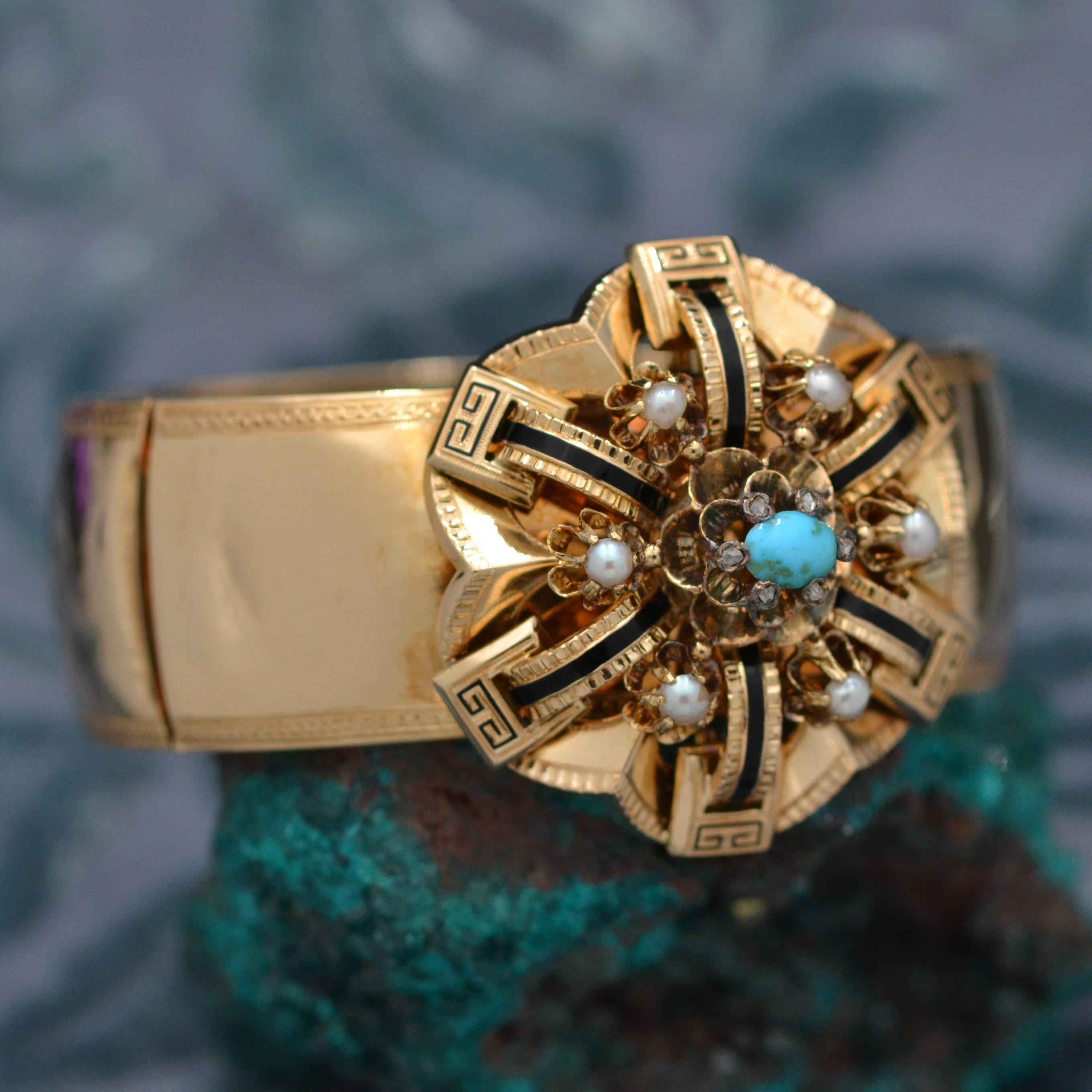 Bracelet en or rose 18K Napoléon III Turquoise Émail noir Perles fines en vente 6