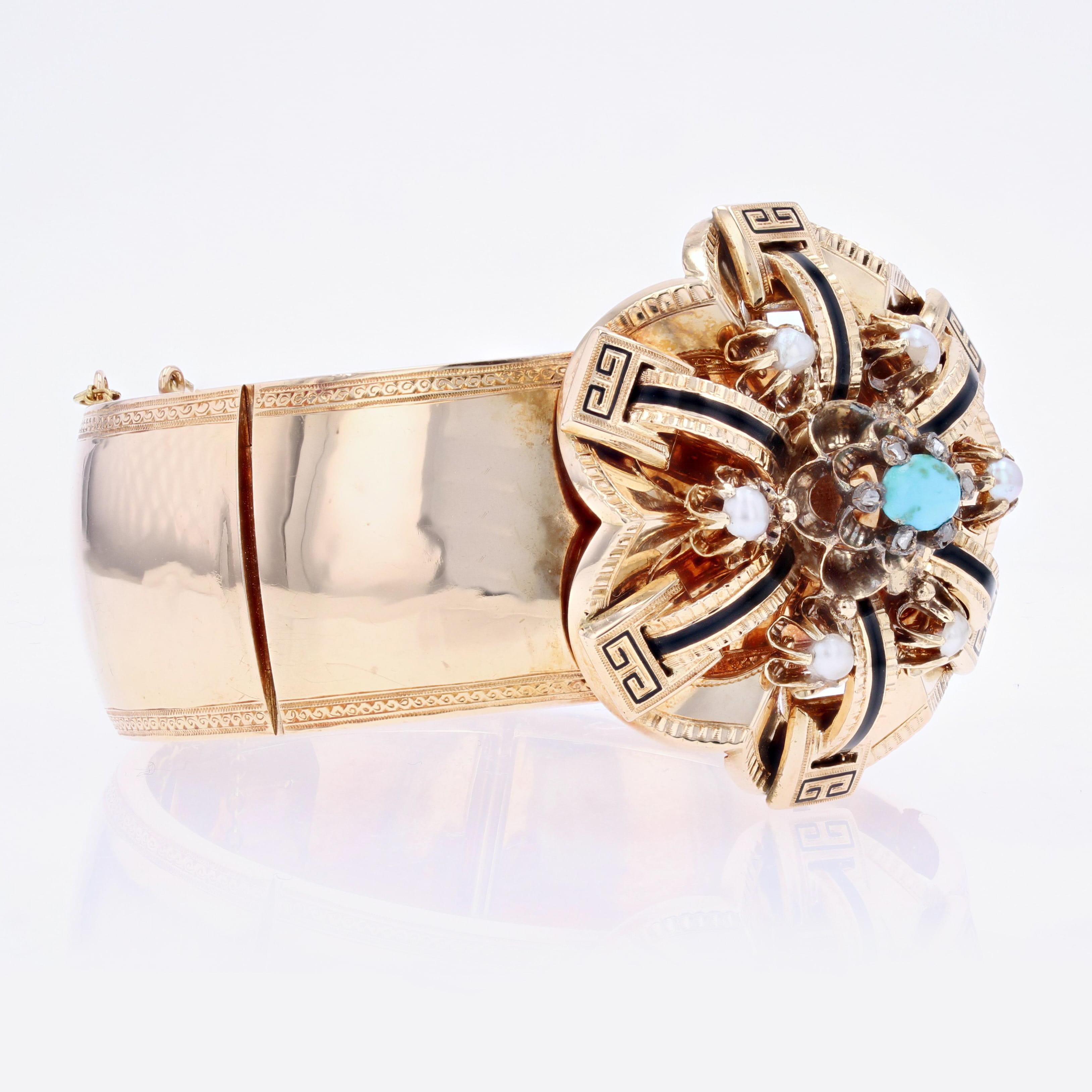 Women's French Napoleon III Turquoise Black Enamel Fine Pearls 18K Rose Gold Bracelet For Sale