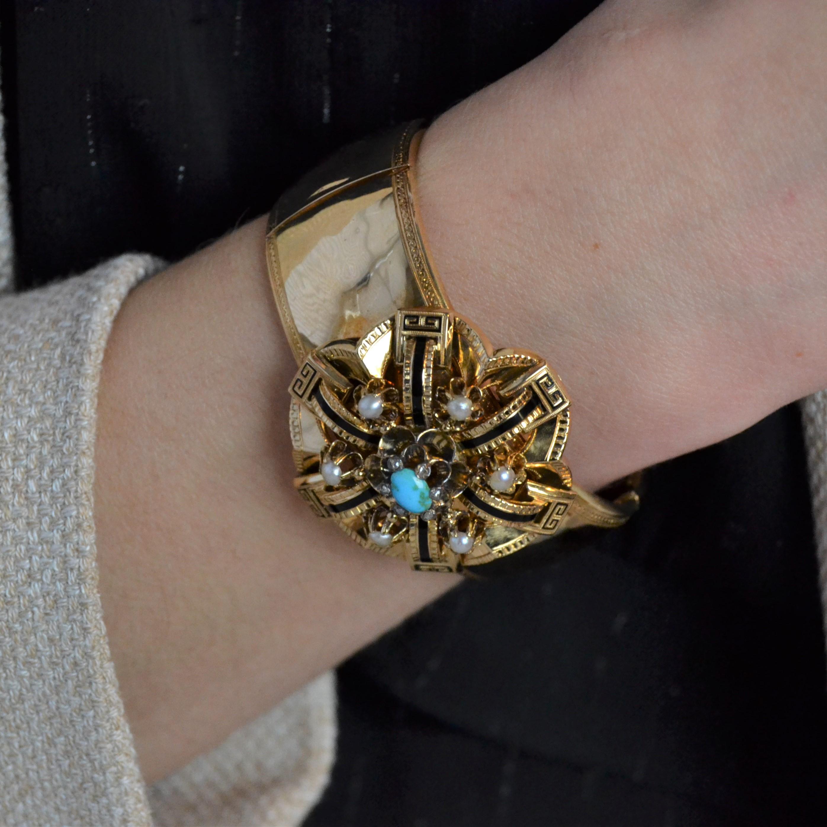 French Napoleon III Turquoise Black Enamel Fine Pearls 18K Rose Gold Bracelet For Sale 3