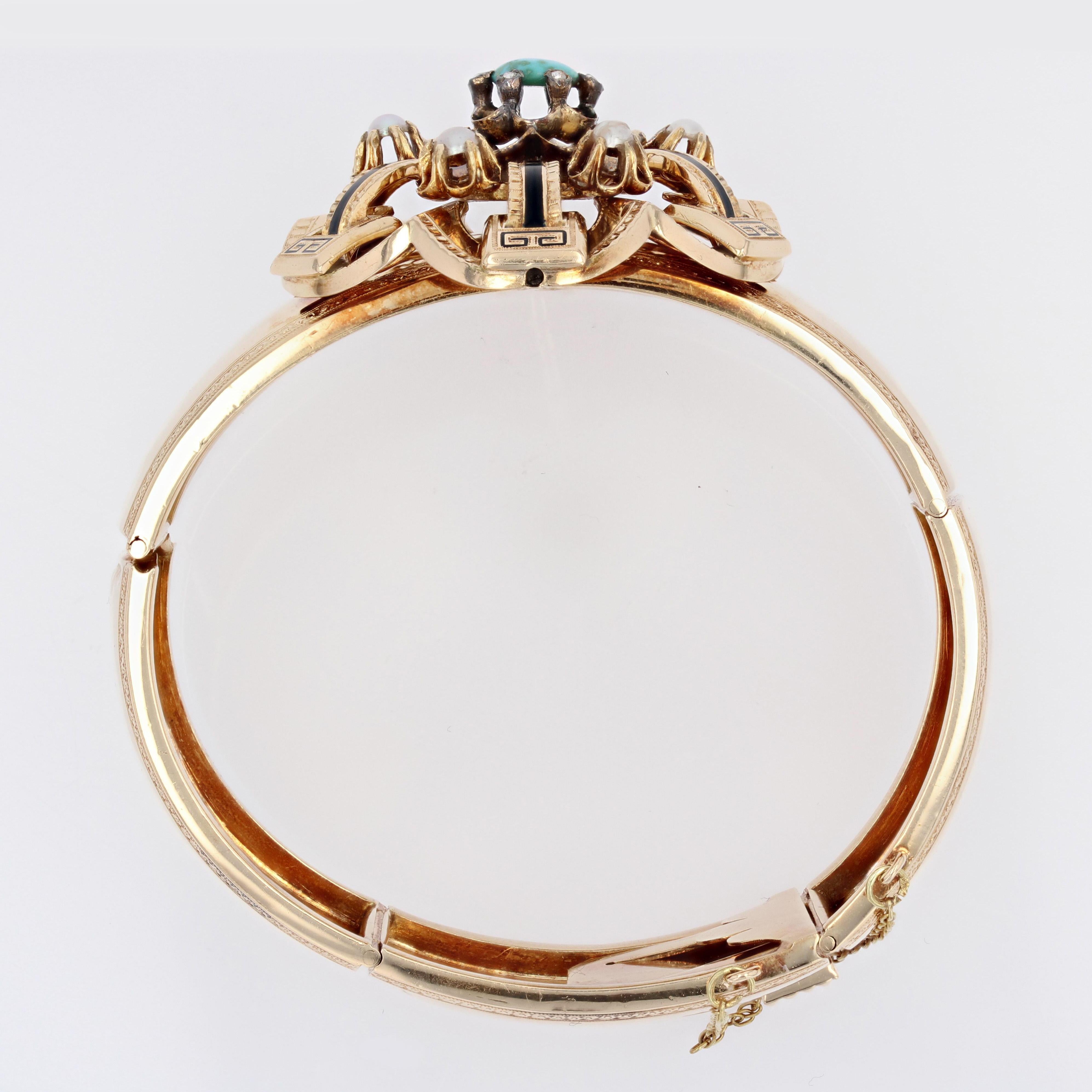 Bracelet en or rose 18K Napoléon III Turquoise Émail noir Perles fines en vente 4