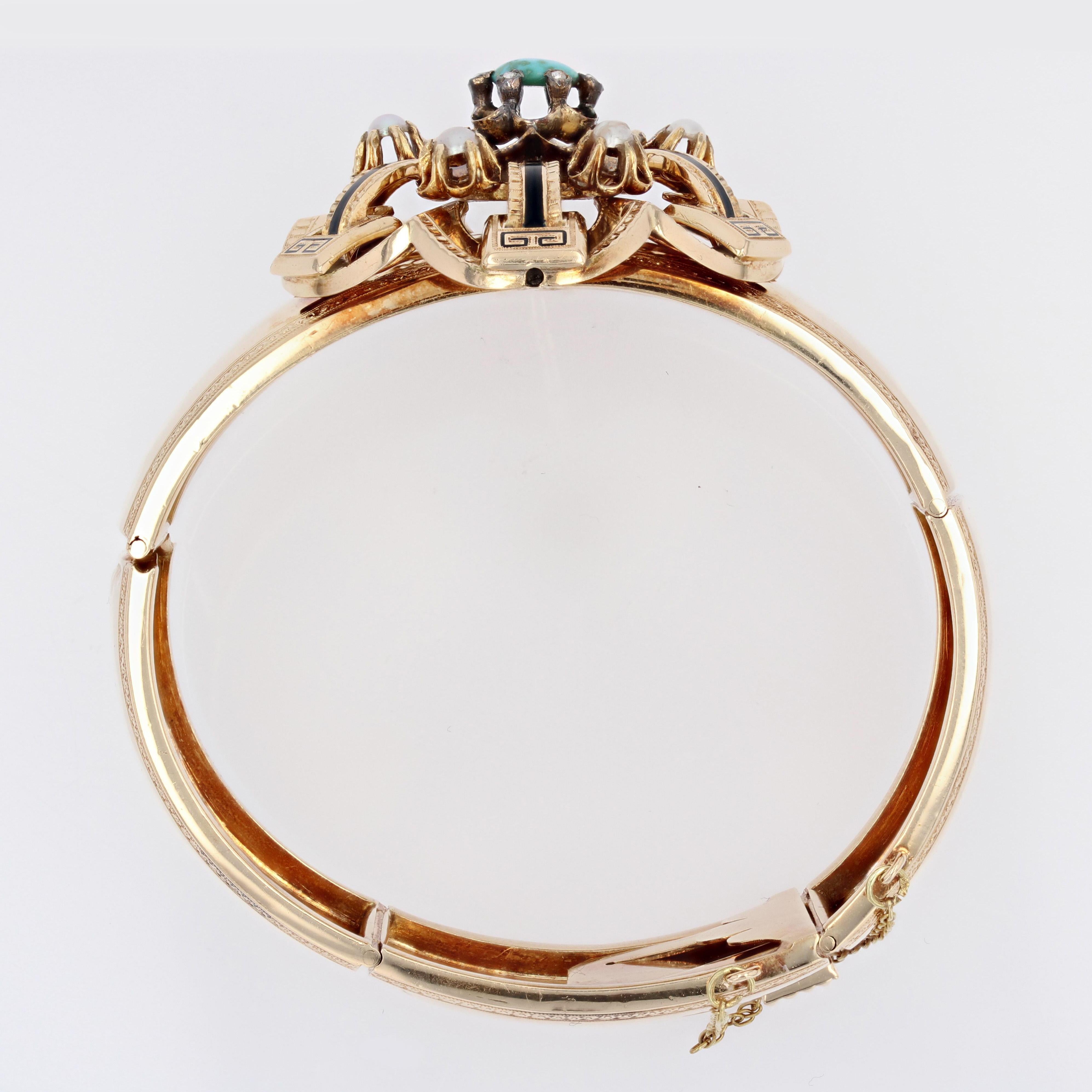 French Napoleon III Turquoise Black Enamel Fine Pearls 18K Rose Gold Bracelet For Sale 4