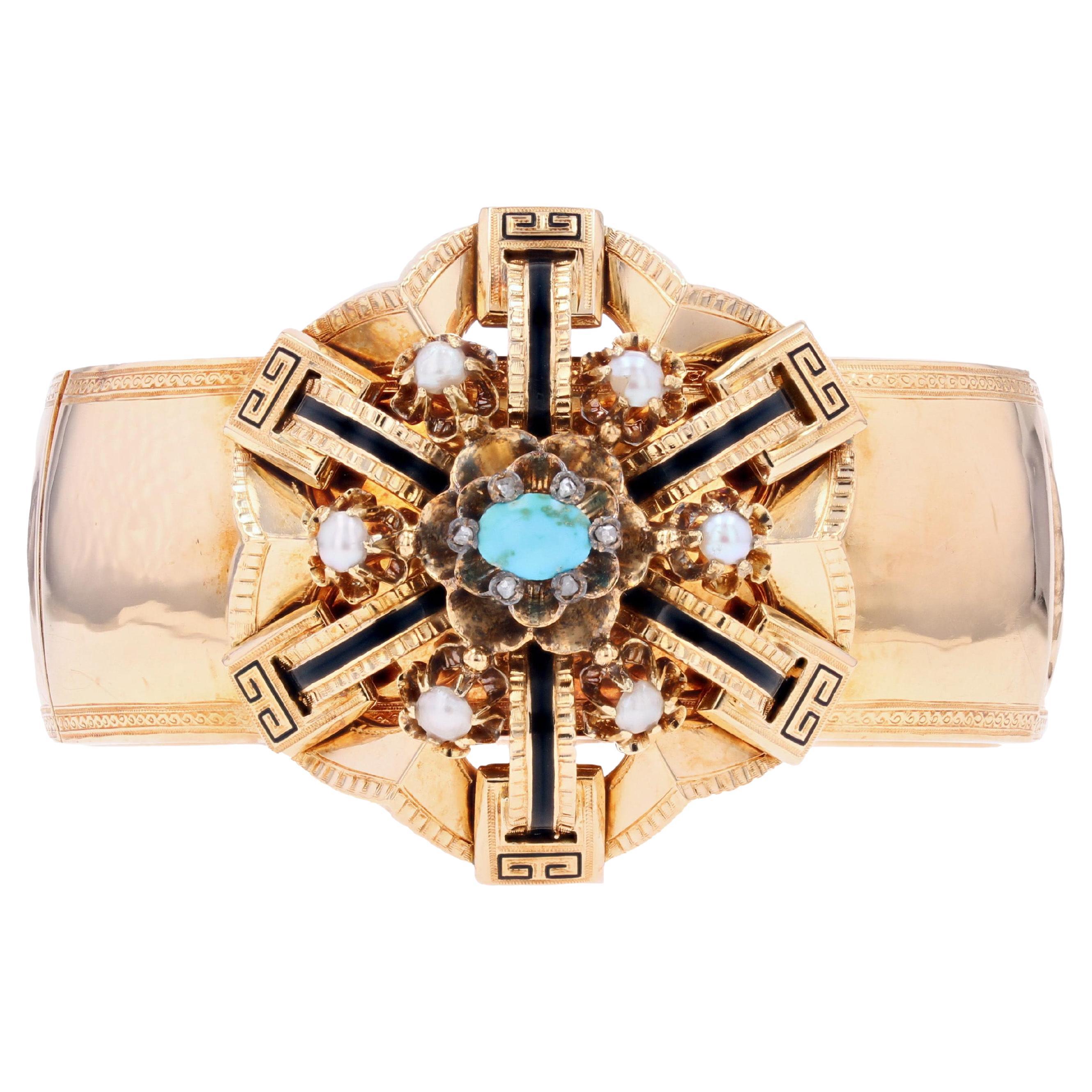 Bracelet en or rose 18K Napoléon III Turquoise Émail noir Perles fines en vente