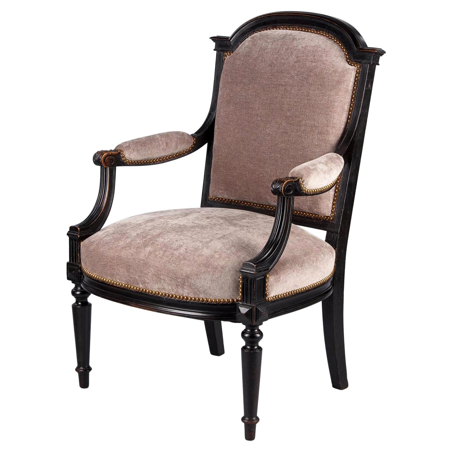 French Napoleon III Upholstered Armchair in Ebonized Pear Wood, 1870s