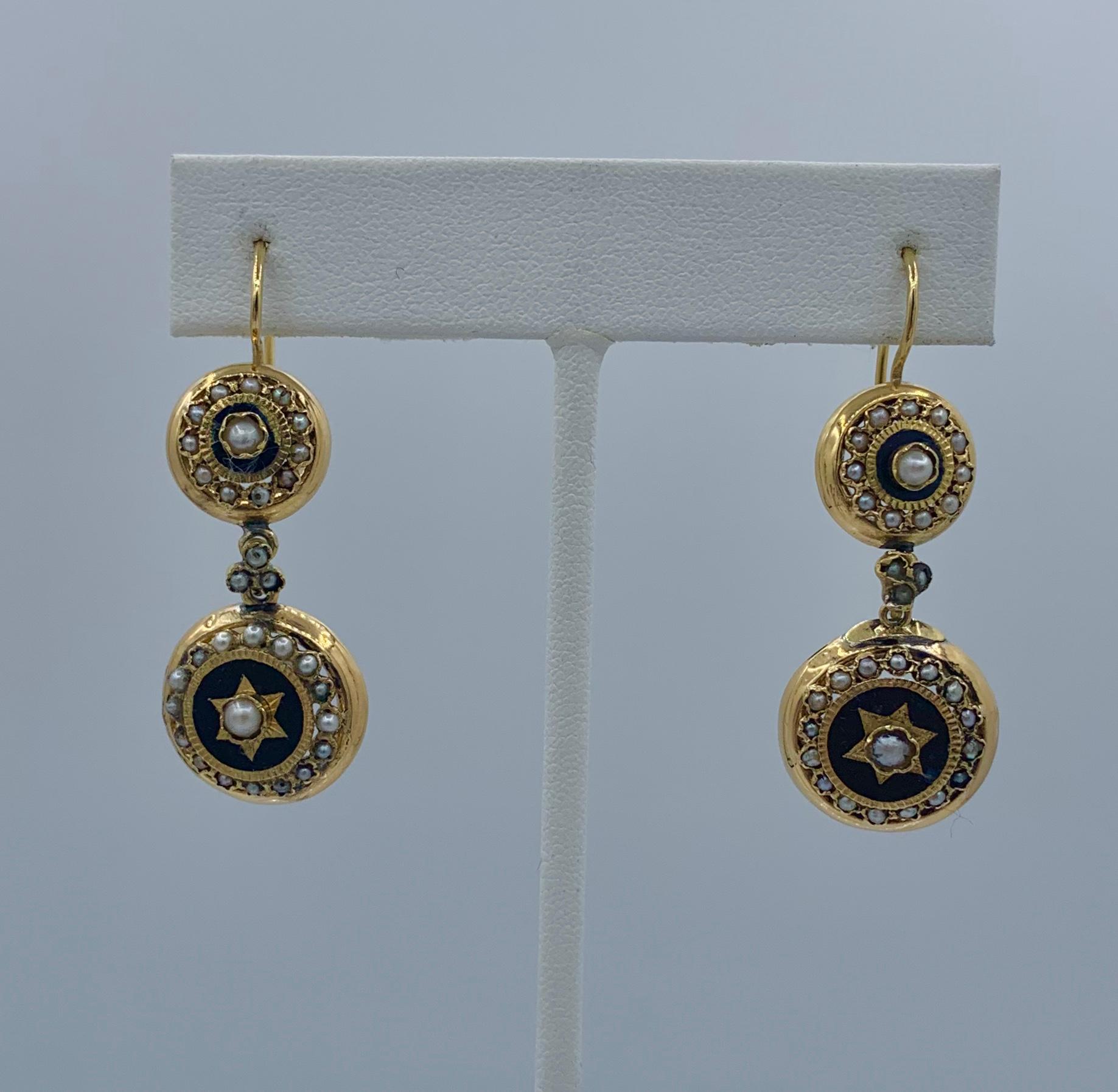 Bead French Napoleon III Victorian Enamel Pearl Dangle Drop Earrings 18 Karat Gold For Sale