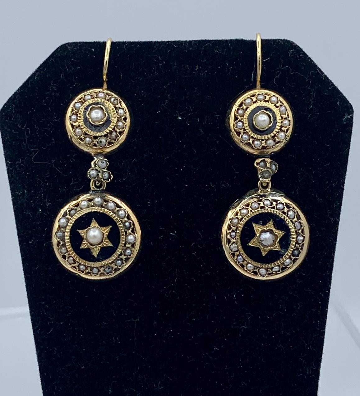 Napoleon III. viktorianische Emaille-Perlen-Tropfen-Ohrringe aus 18 Karat Gold 1