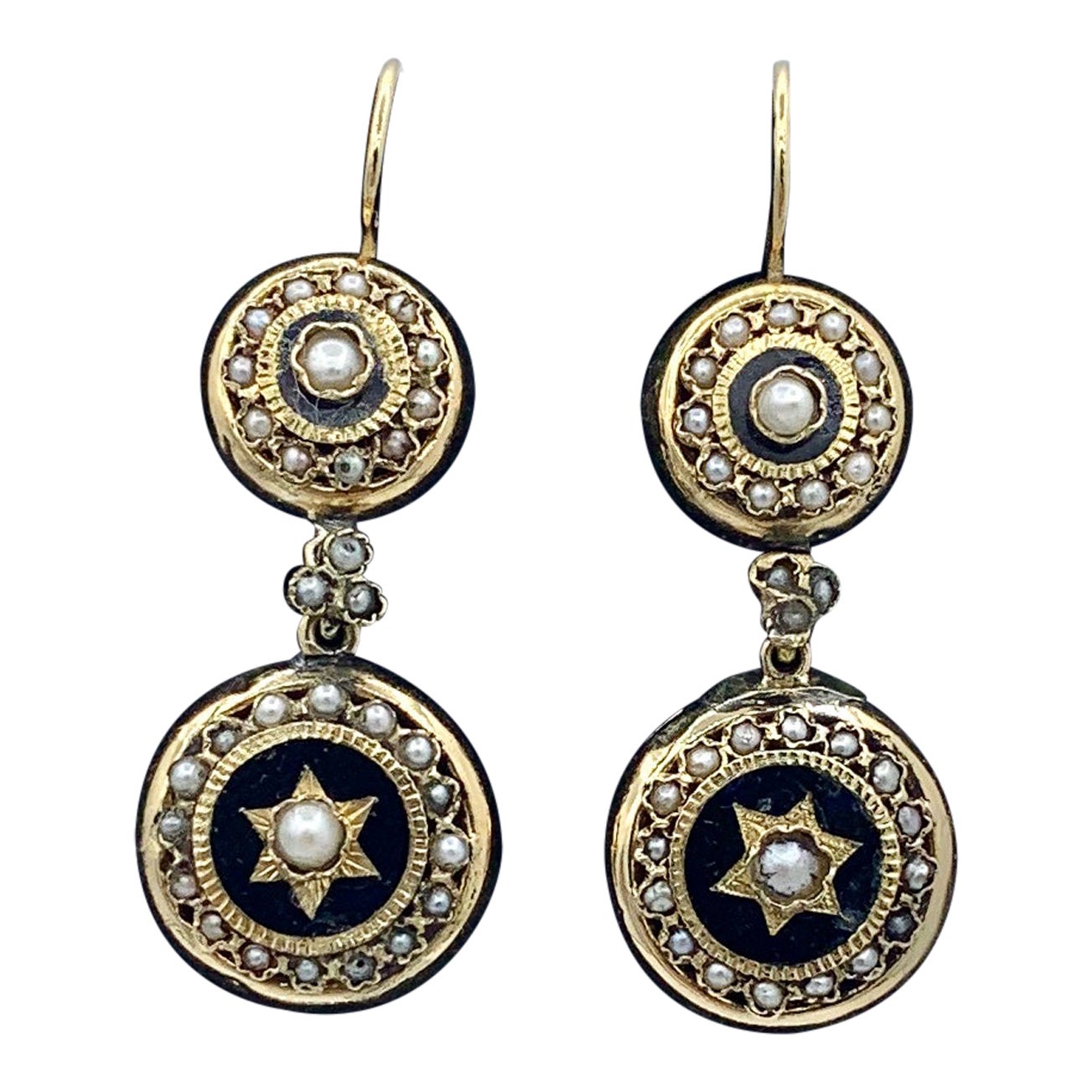 Napoleon III. viktorianische Emaille-Perlen-Tropfen-Ohrringe aus 18 Karat Gold