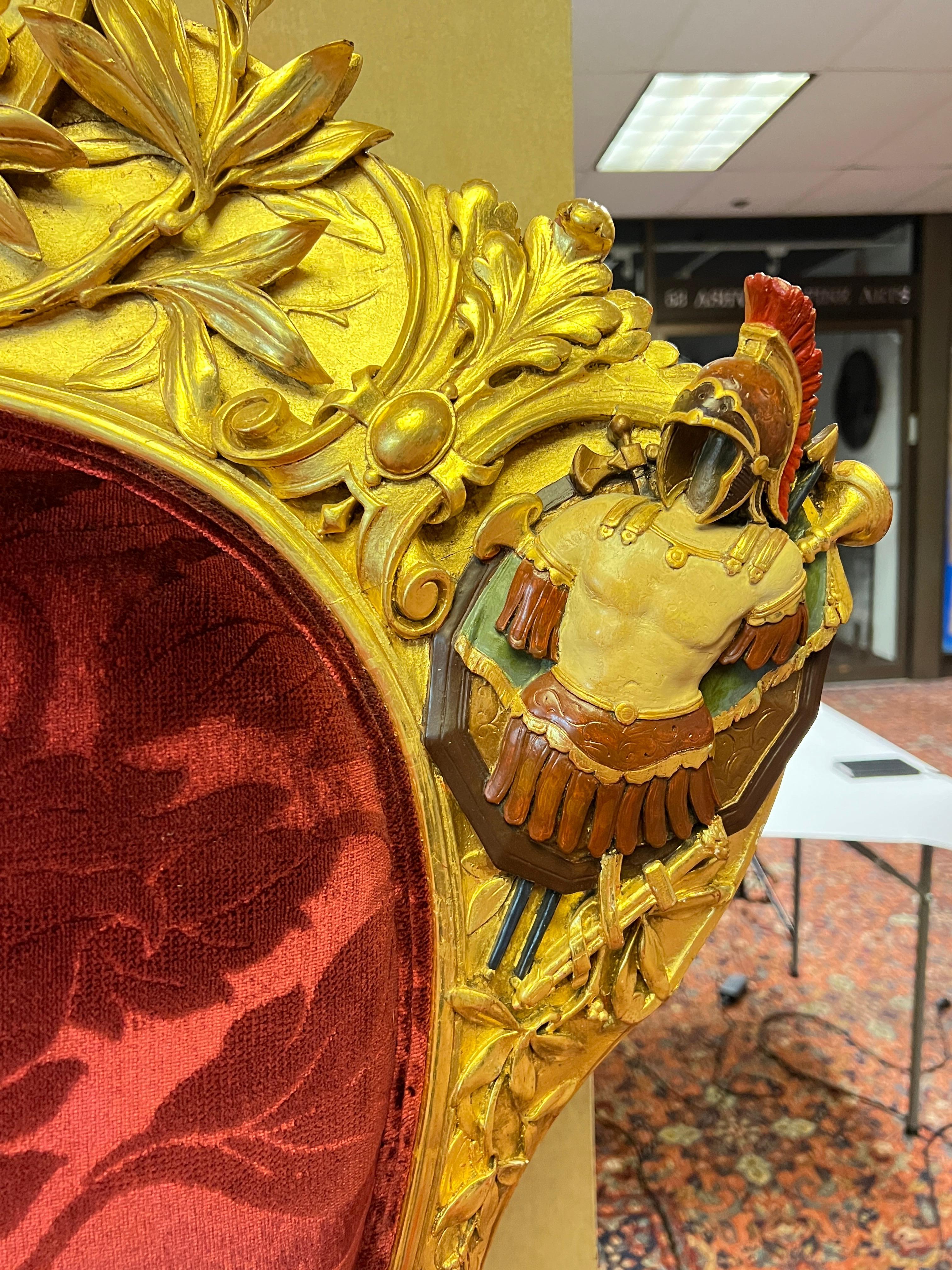 French Napoleonic 2nd Empire Style Polychrome and Giltwood Armchair Throne For Sale 5