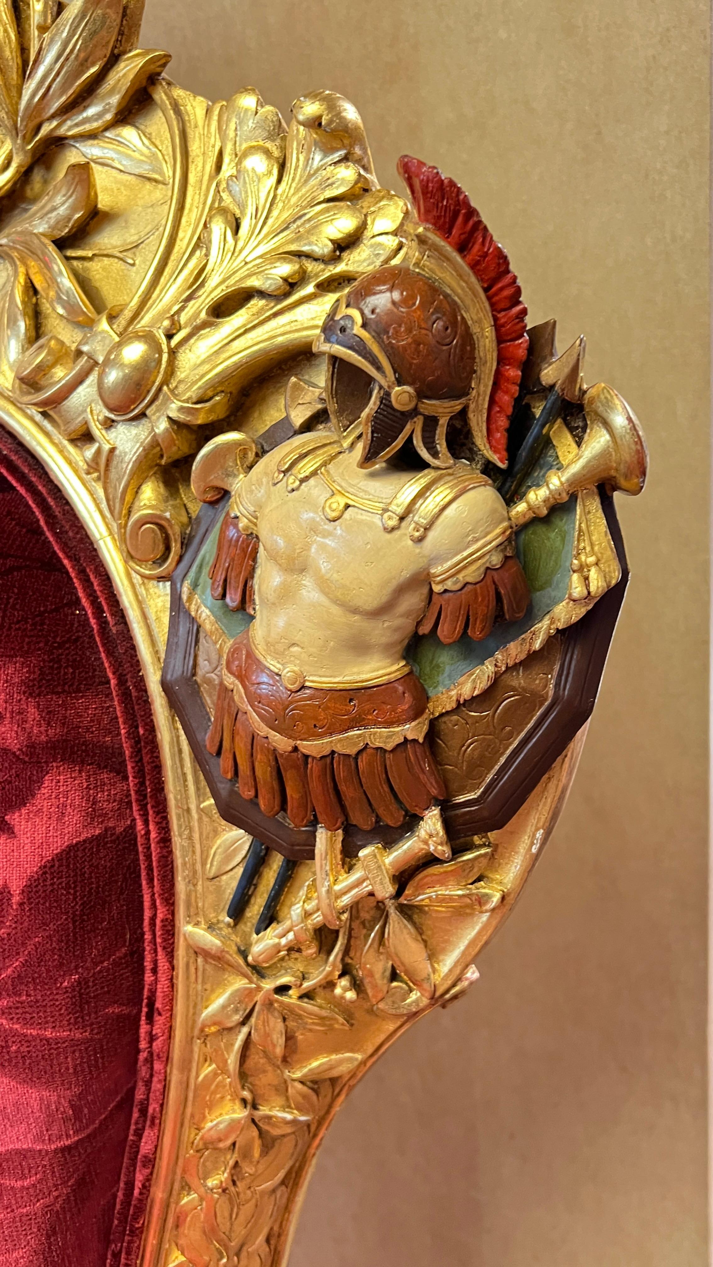 French Napoleonic 2nd Empire Style Polychrome and Giltwood Armchair Throne For Sale 7