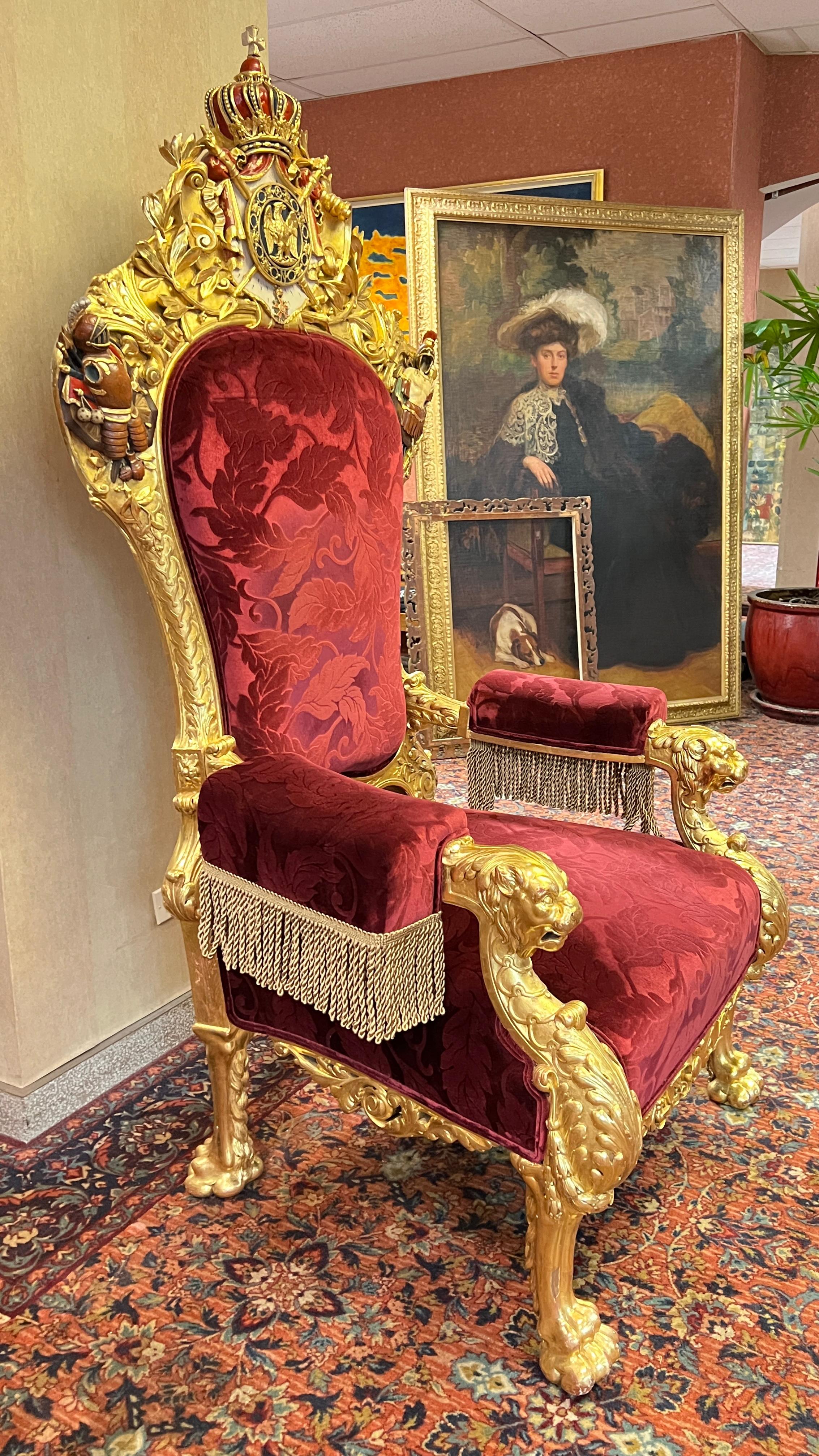 19th Century French Napoleonic 2nd Empire Style Polychrome and Giltwood Armchair Throne For Sale