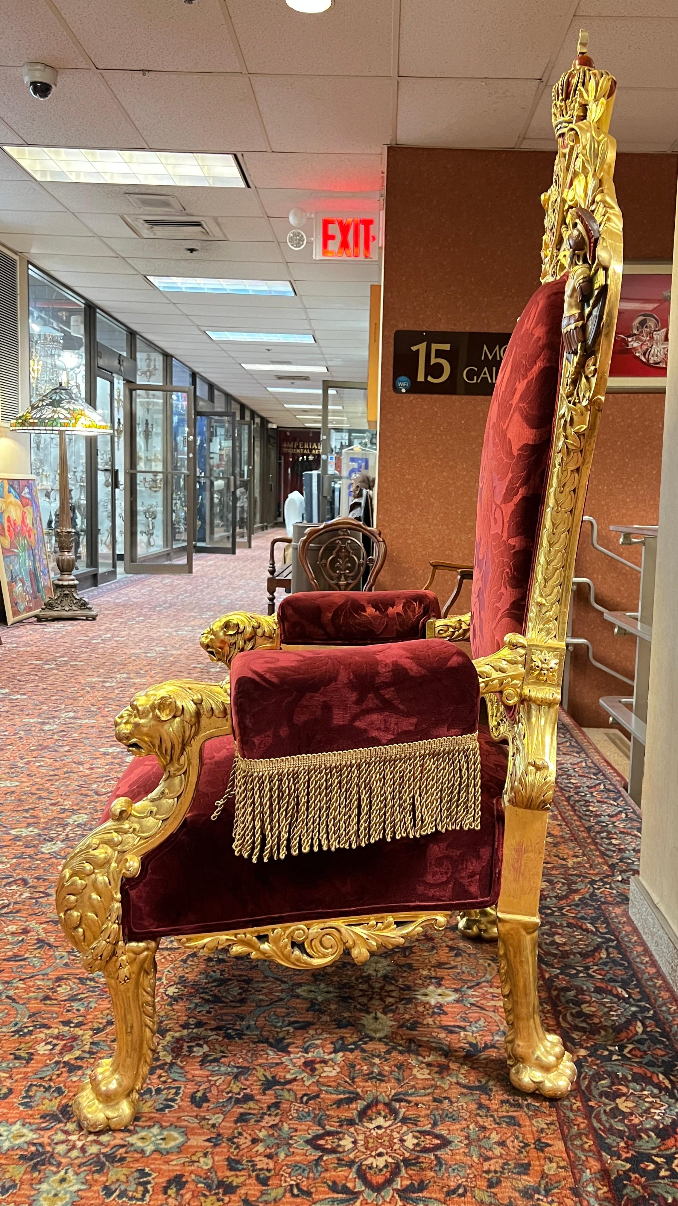 French Napoleonic 2nd Empire Style Polychrome and Giltwood Armchair Throne For Sale 1