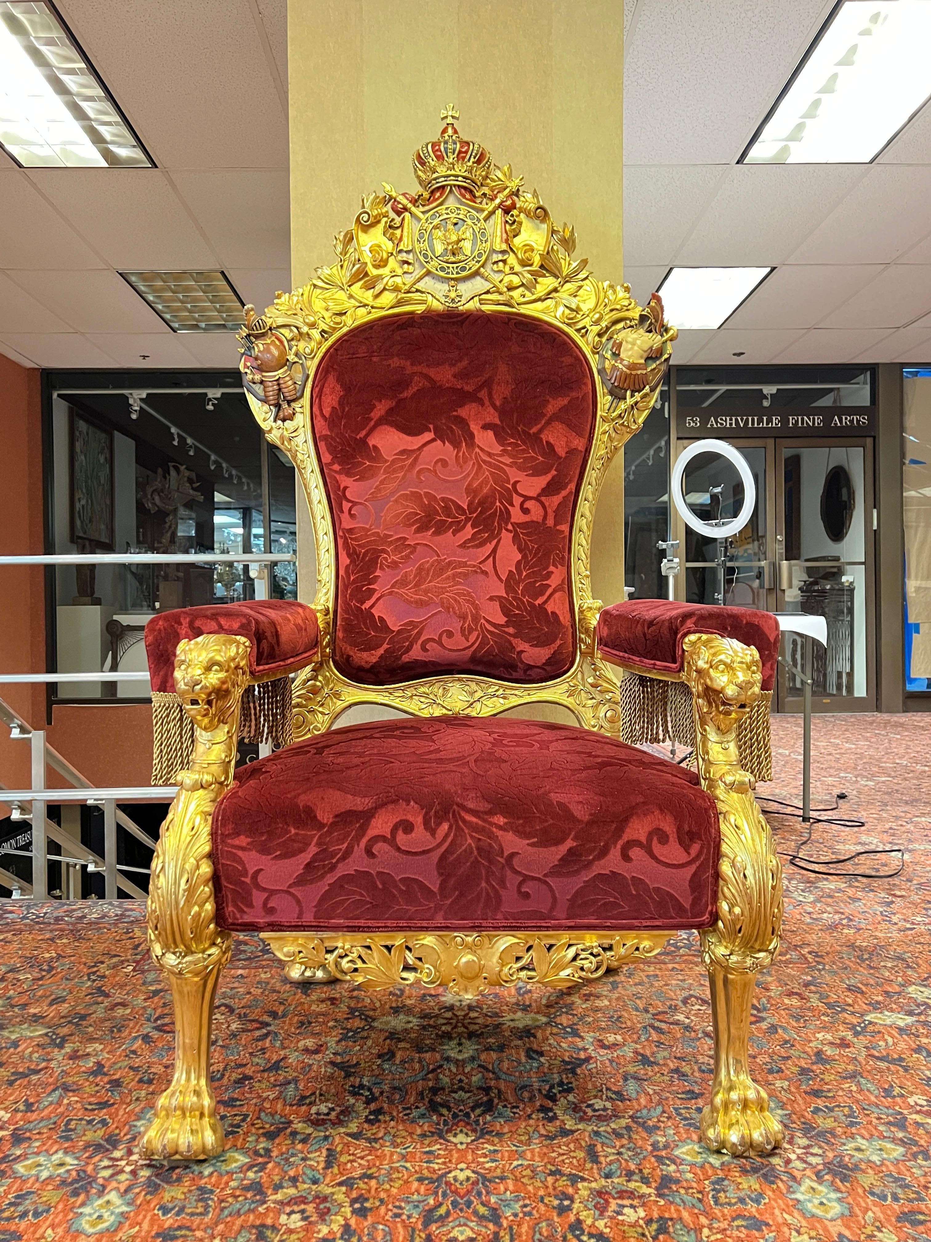 French Napoleonic 2nd Empire Style Polychrome and Giltwood Armchair Throne For Sale 2