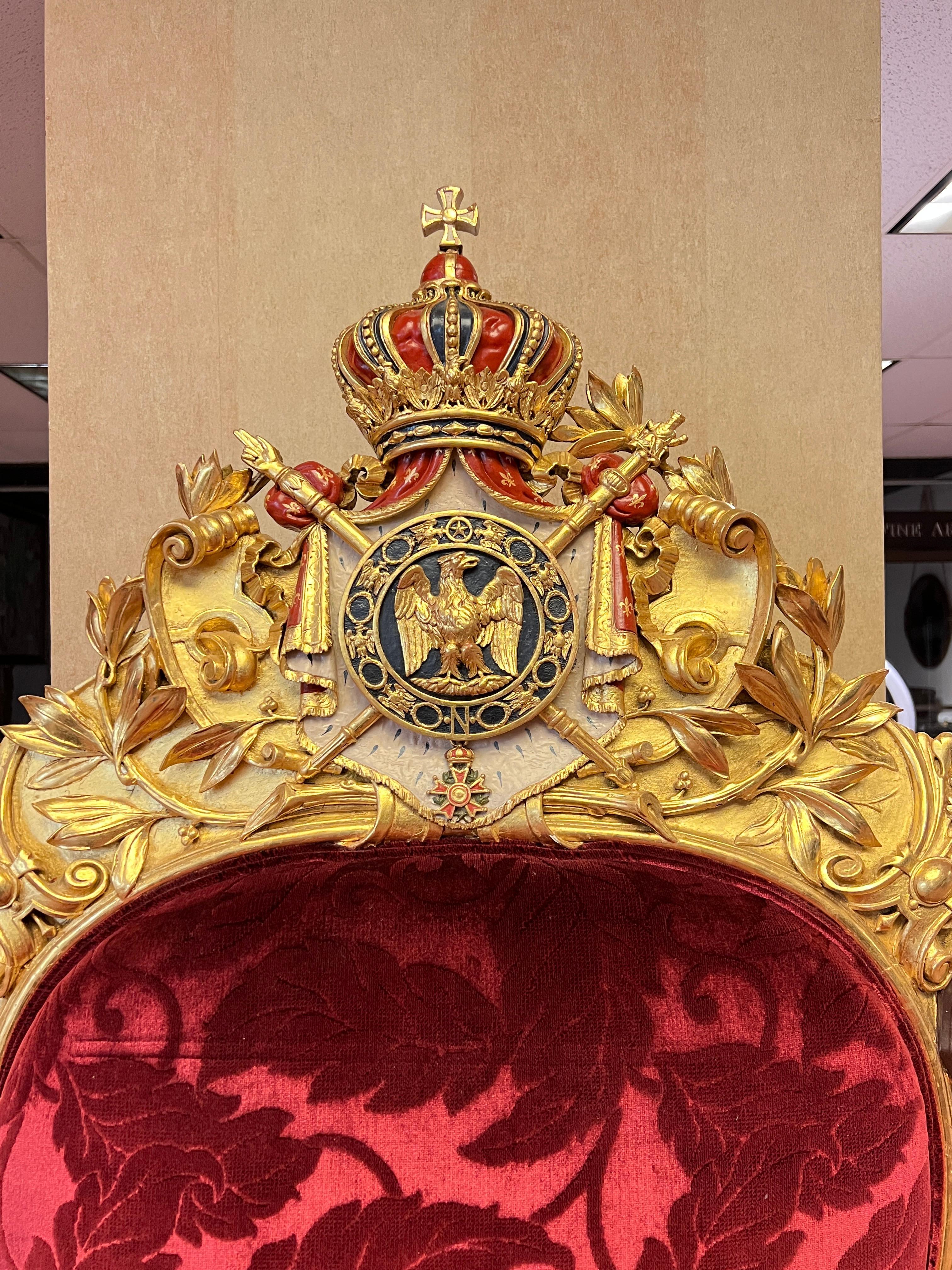 French Napoleonic 2nd Empire Style Polychrome and Giltwood Armchair Throne For Sale 3