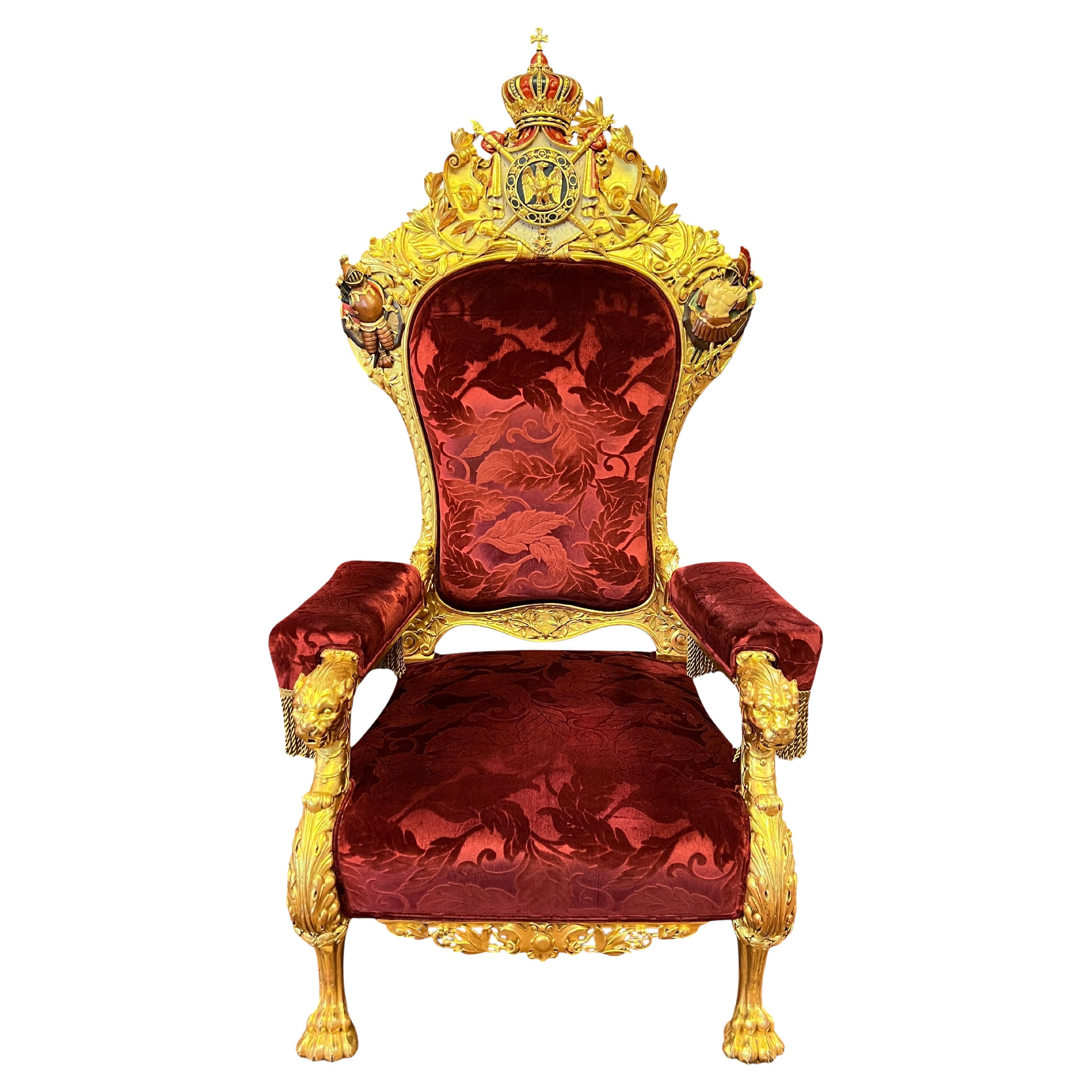 French Napoleonic 2nd Empire Style Polychrome and Giltwood Armchair Throne For Sale