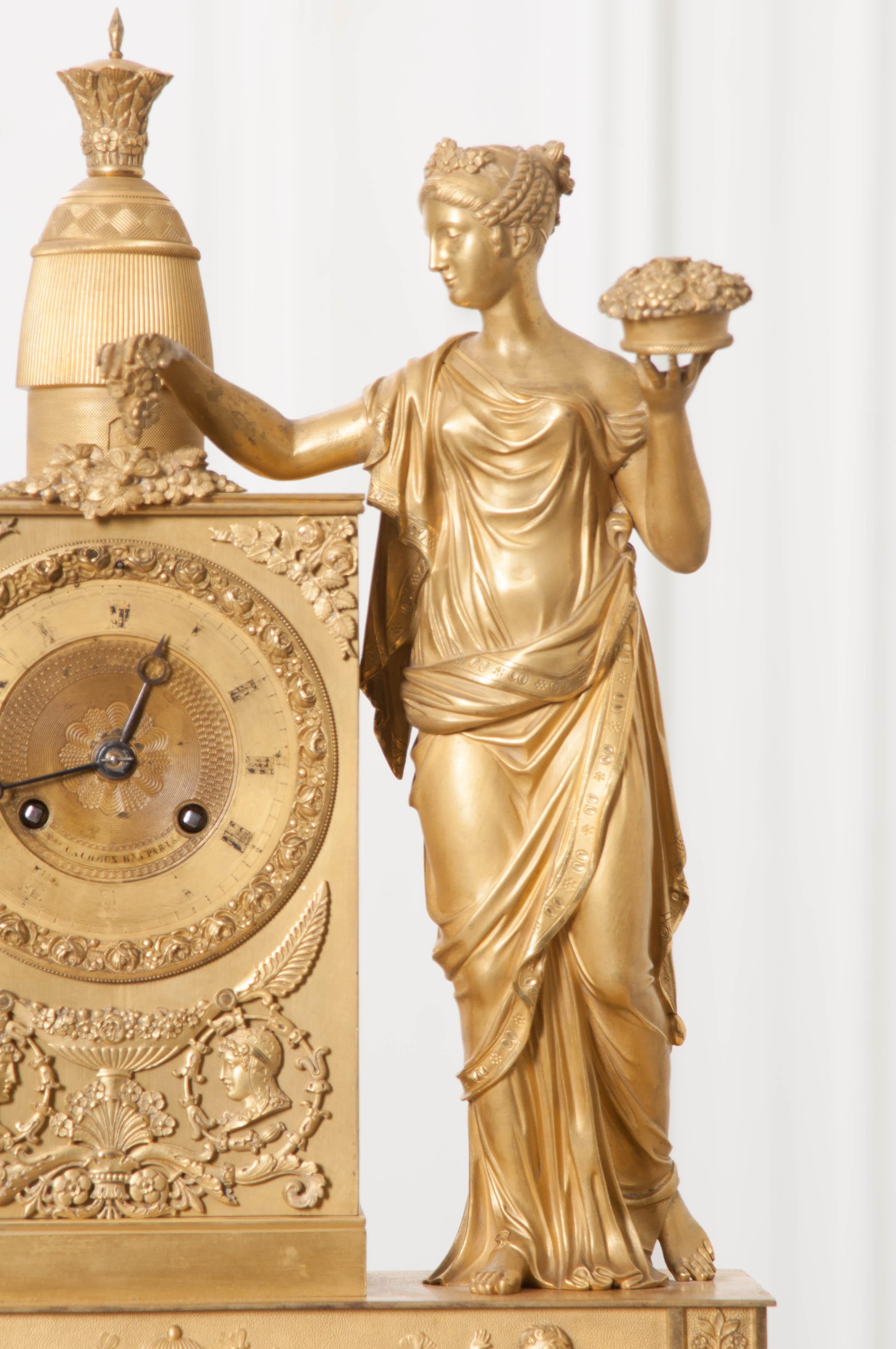 French Napoleonic Empire Gilt Bronze Mantel Clock In Good Condition In Baton Rouge, LA