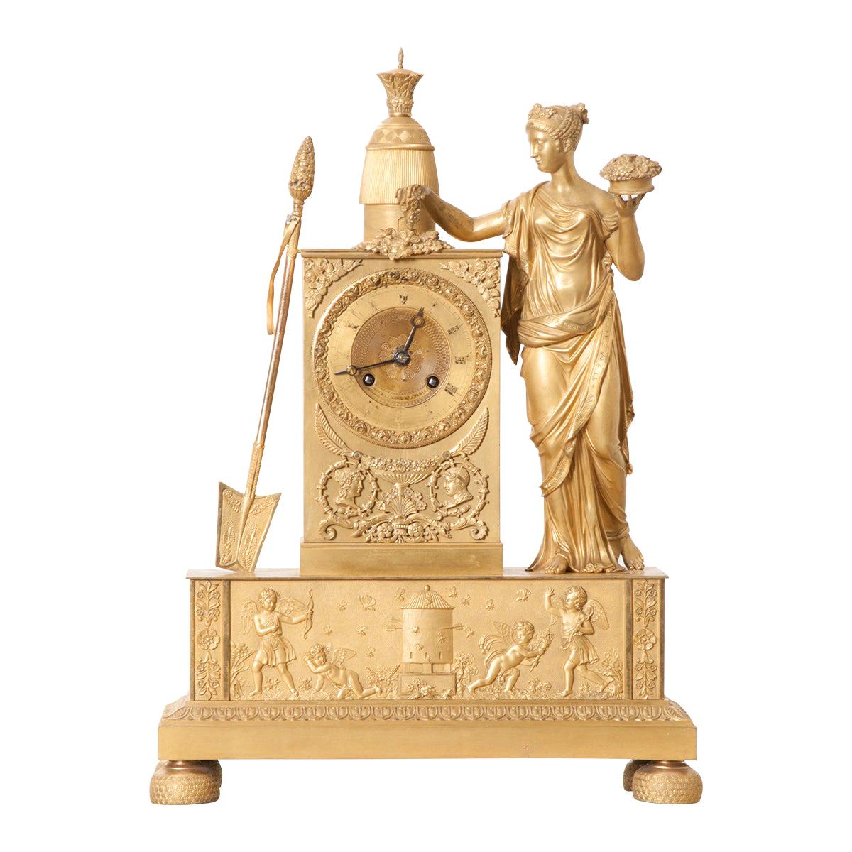 French Napoleonic Empire Gilt Bronze Mantel Clock